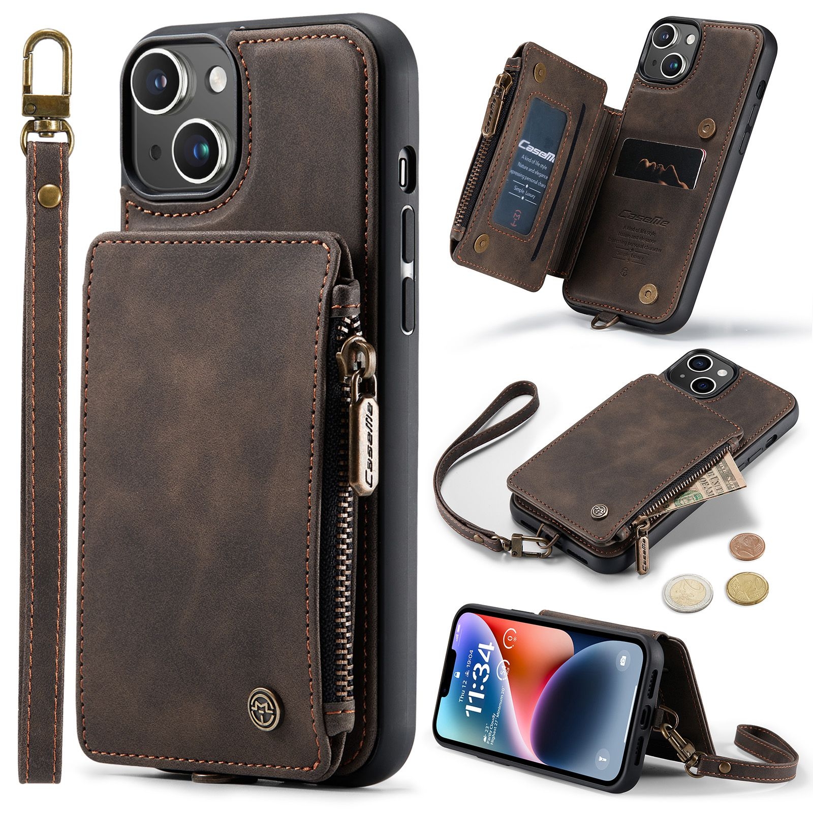 For iPhone 15 CaseMe C20 Multifunctional RFID Leather Phone Case(Brown) - Shopkiz.com
