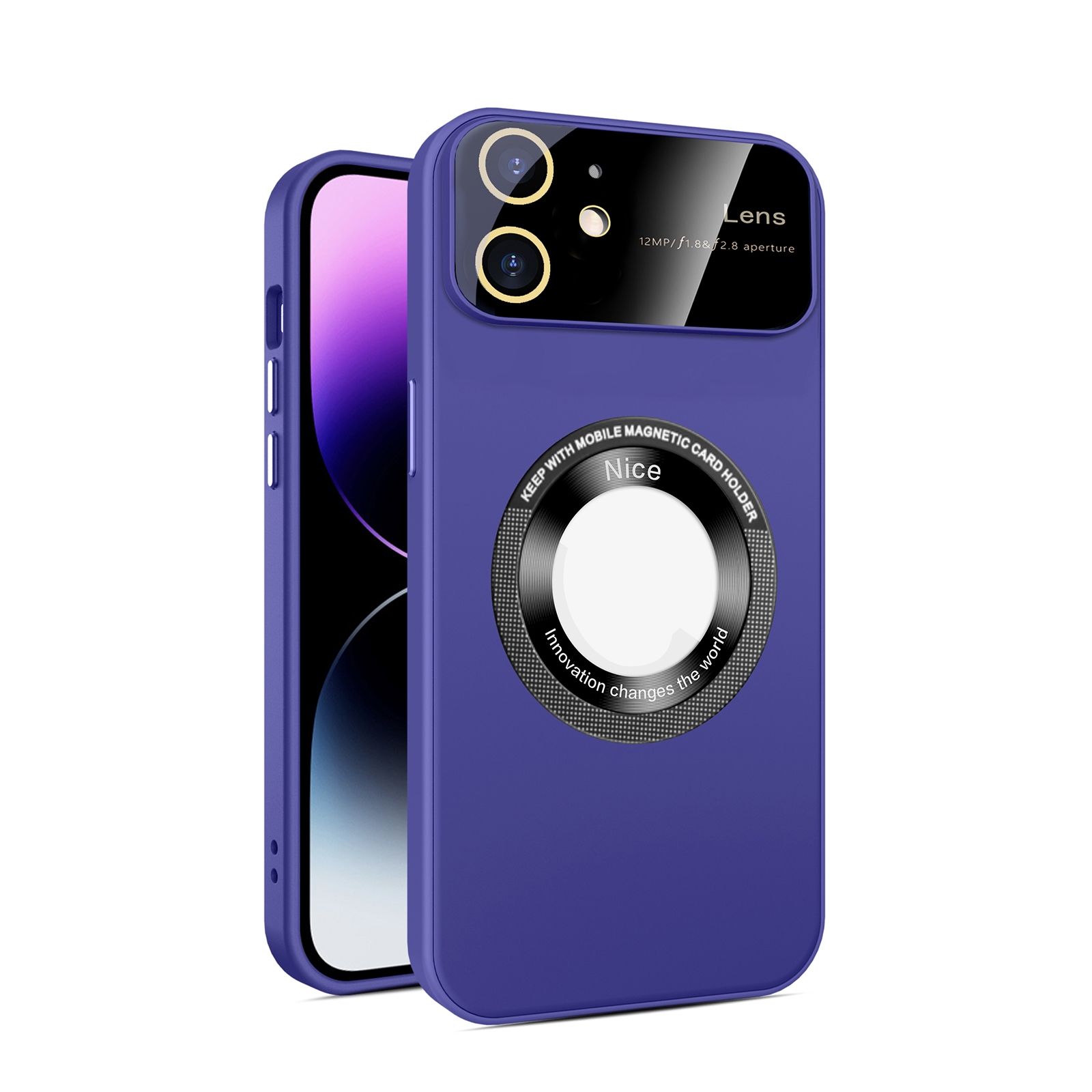 For iPhone 12 Large Glass Window Magnetic Magsafe Phone Case with Lens Film(Dark Purple) - Shopkiz.com