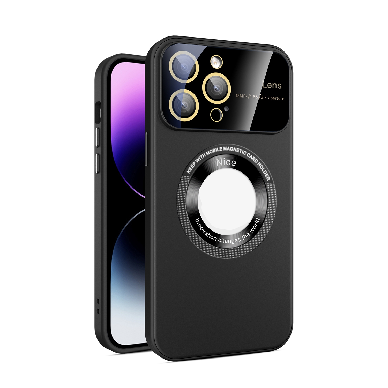 For iPhone 14 Pro Large Glass Window Magnetic Magsafe Phone Case with Lens Film(Black) - Shopkiz.com