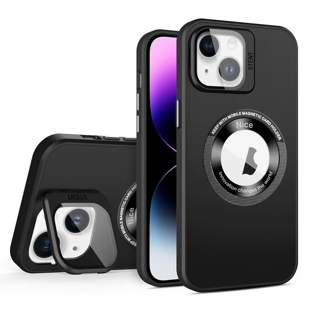 For iPhone 15 Skin Feel Magnifier MagSafe Lens Holder Phone Case(Black) - Shopkiz.com