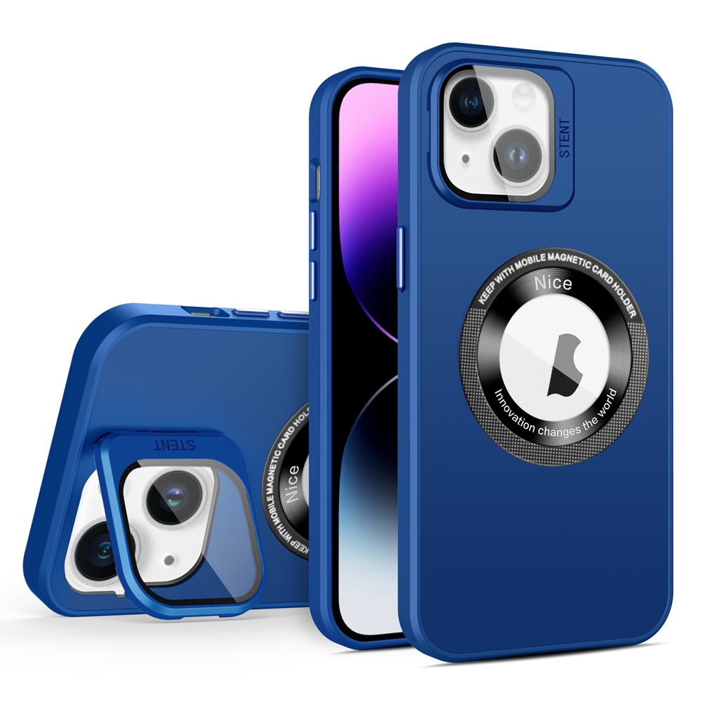 For iPhone 14 Skin Feel Magnifier MagSafe Lens Holder Phone Case(Royal Blue) - Shopkiz.com