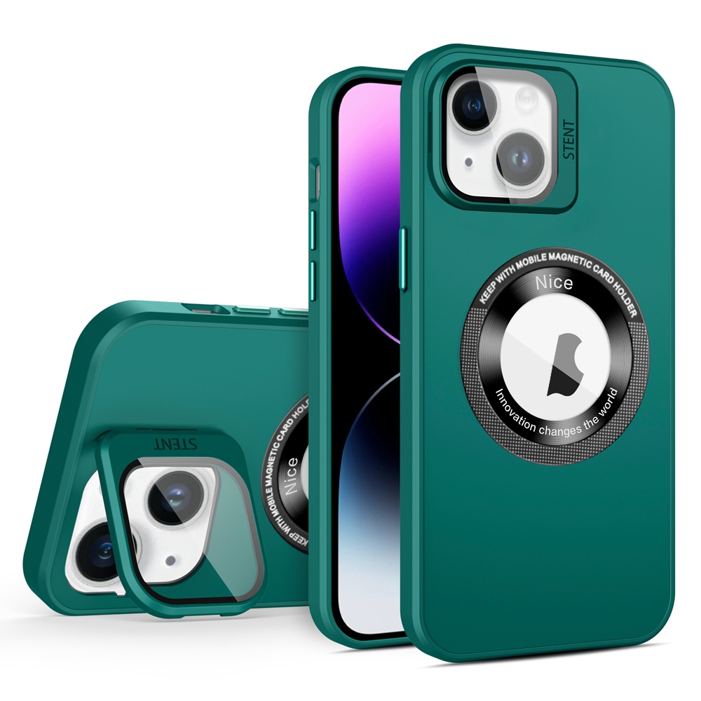 For iPhone 14 Skin Feel Magnifier MagSafe Lens Holder Phone Case(Dark Green) - Shopkiz.com