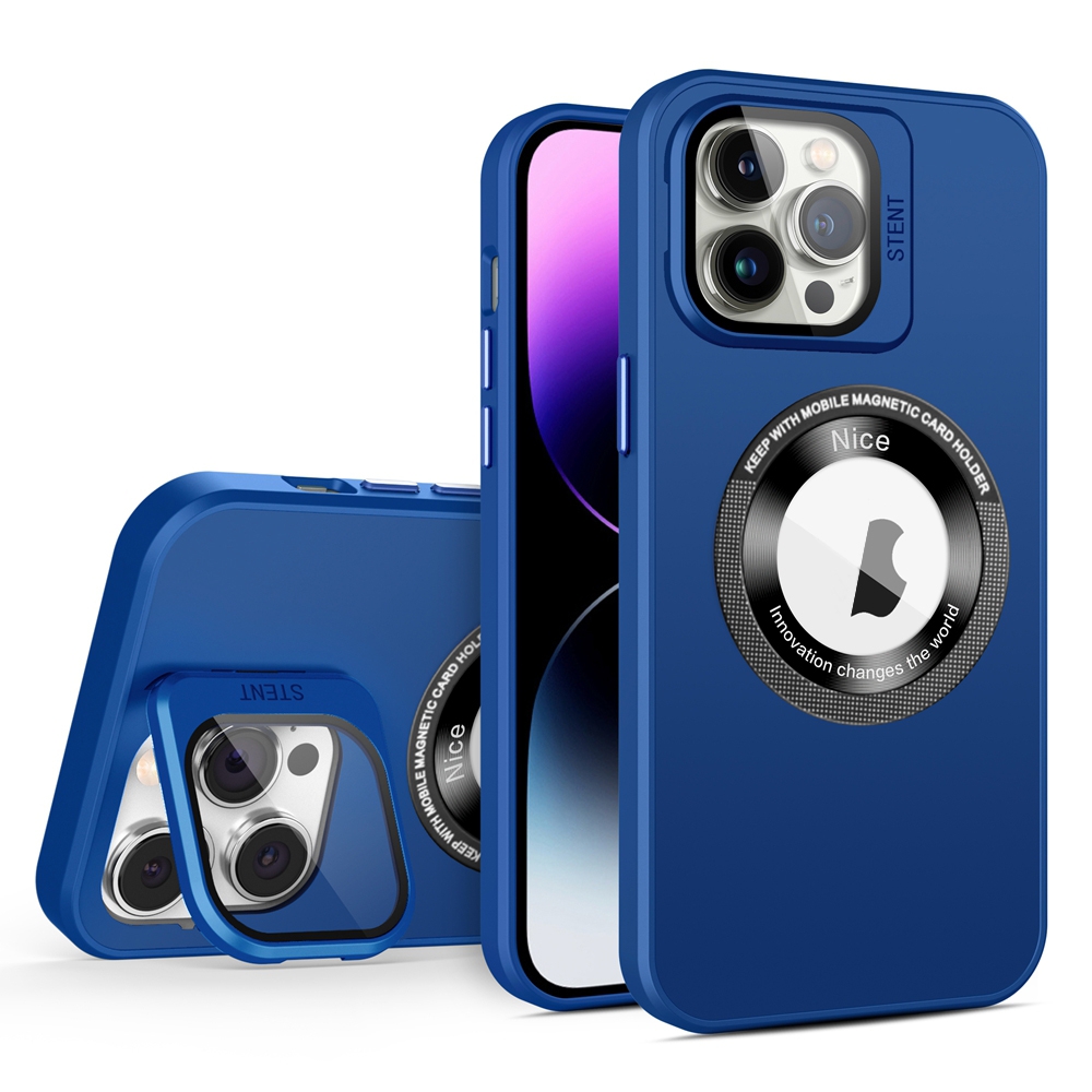 For iPhone 14 Pro Skin Feel Magnifier MagSafe Lens Holder Phone Case(Royal Blue) - Shopkiz.com