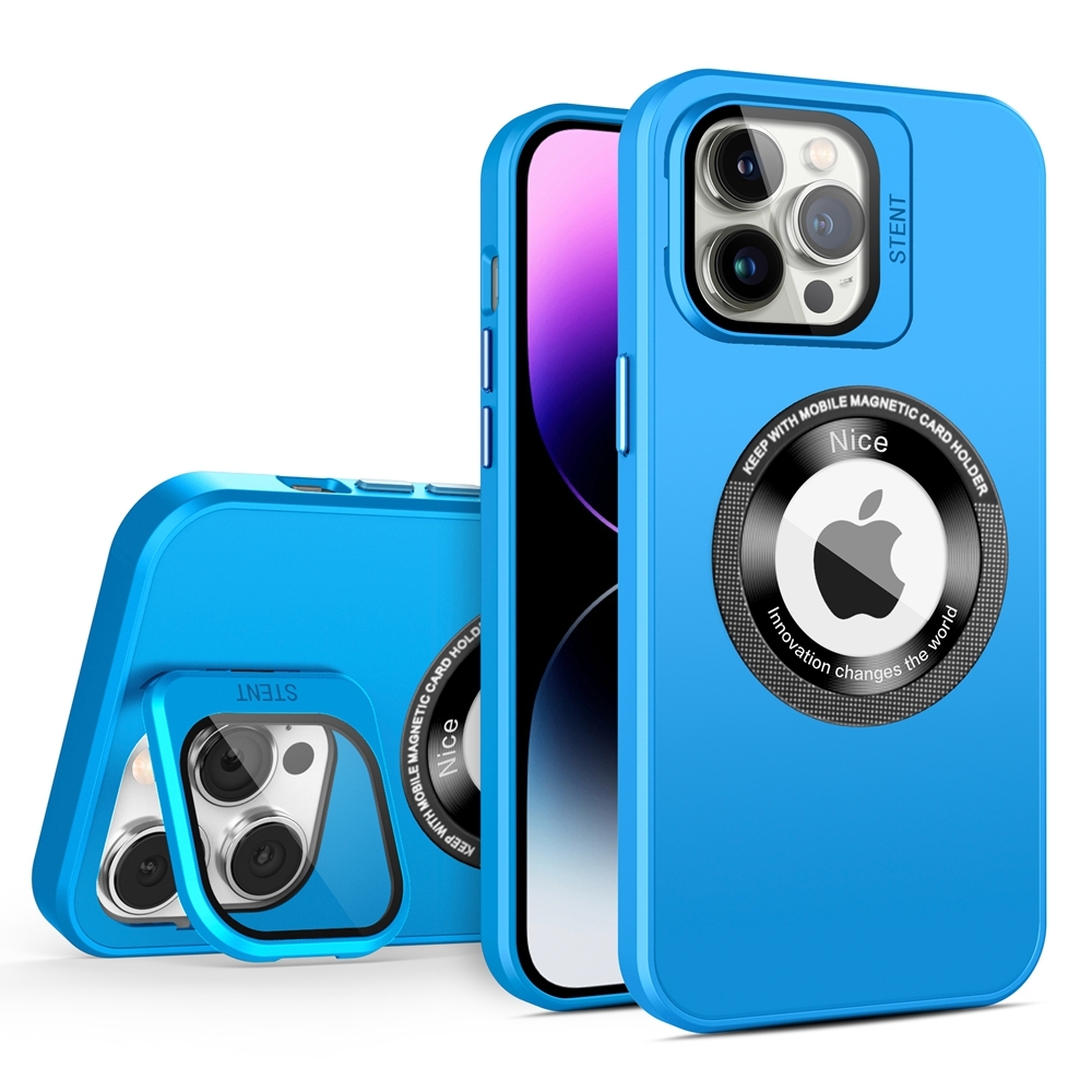 For iPhone 14 Pro Max Skin Feel Magnifier MagSafe Lens Holder Phone Case(Light Blue) - Shopkiz.com