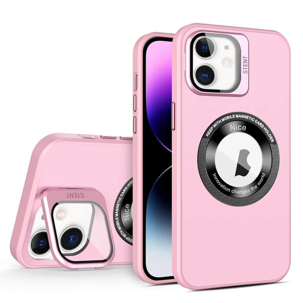 For iPhone 12 Skin Feel Magnifier MagSafe Lens Holder Phone Case(Pink) - Shopkiz.com