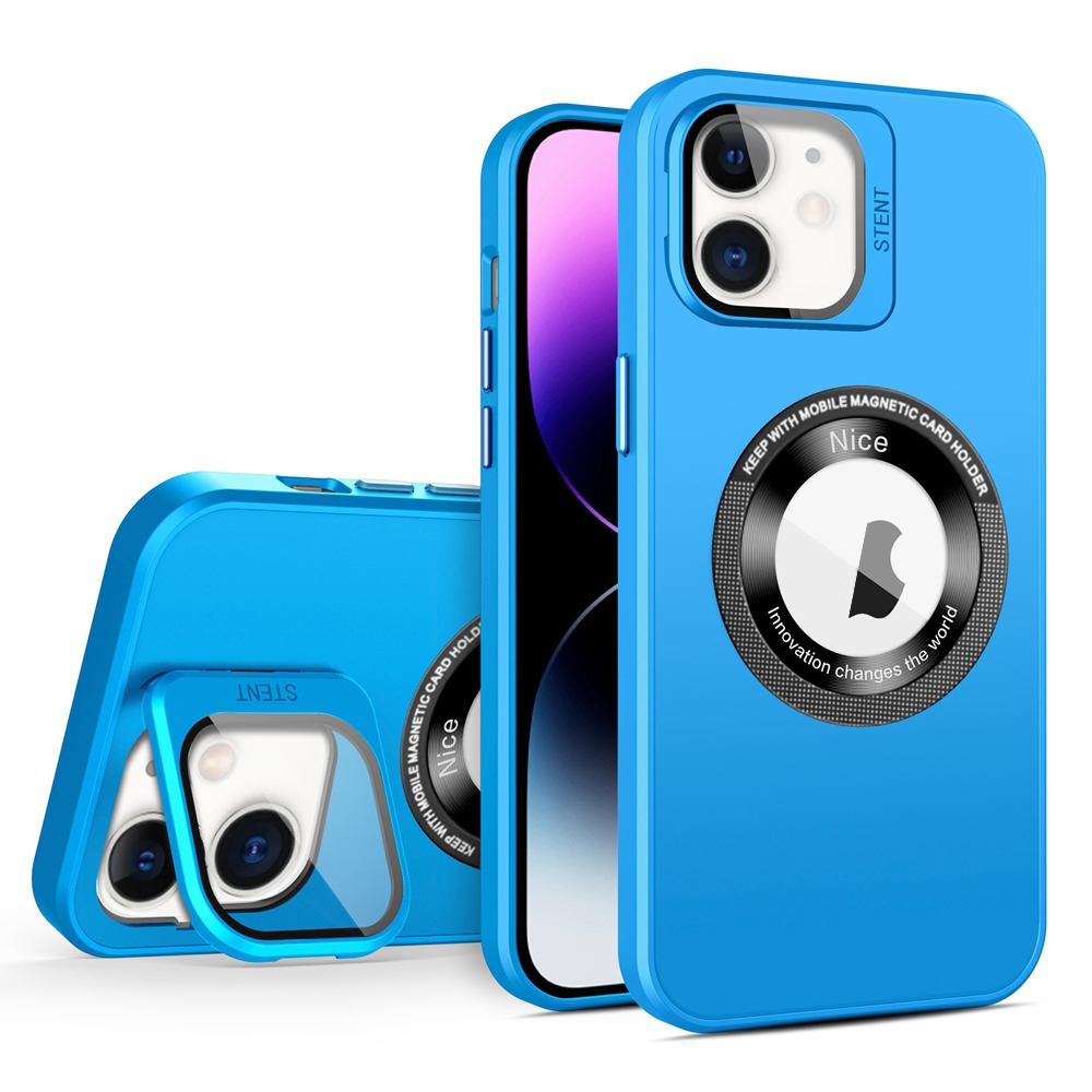 For iPhone 12 Skin Feel Magnifier MagSafe Lens Holder Phone Case(Light Blue) - Shopkiz.com