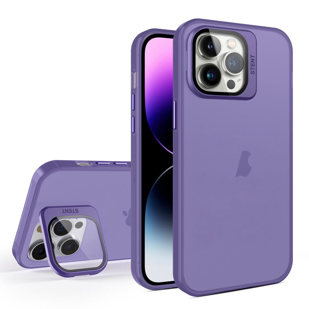 For iPhone 15 Pro Skin Feel Lens Holder Translucent Phone Case(Dark Purple) - Shopkiz.com