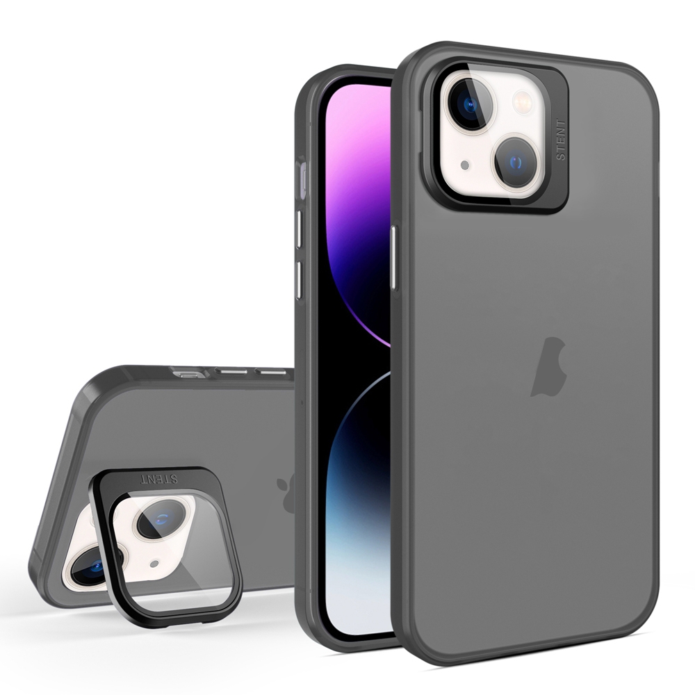 For iPhone 15 Skin Feel Lens Holder Translucent Phone Case(Black) - Shopkiz.com