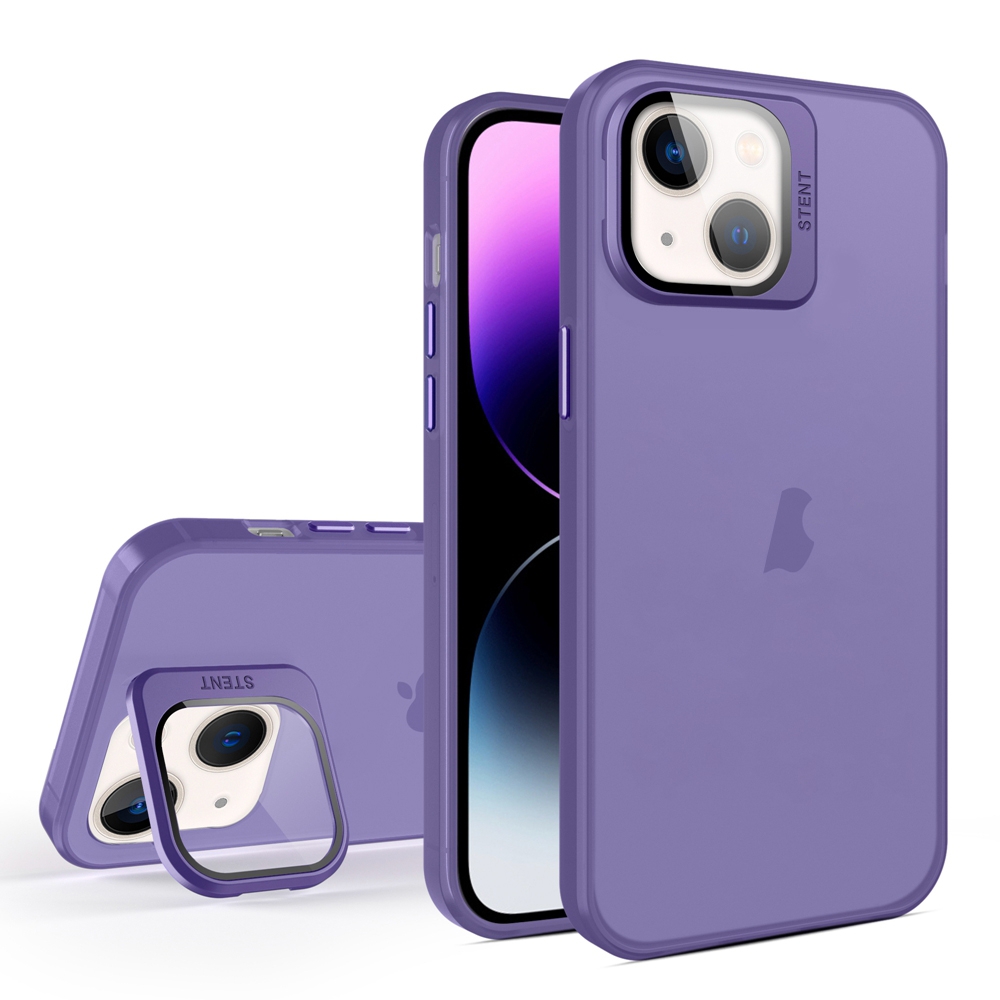 For iPhone 14 Skin Feel Lens Holder Translucent Phone Case(Dark Purple) - Shopkiz.com