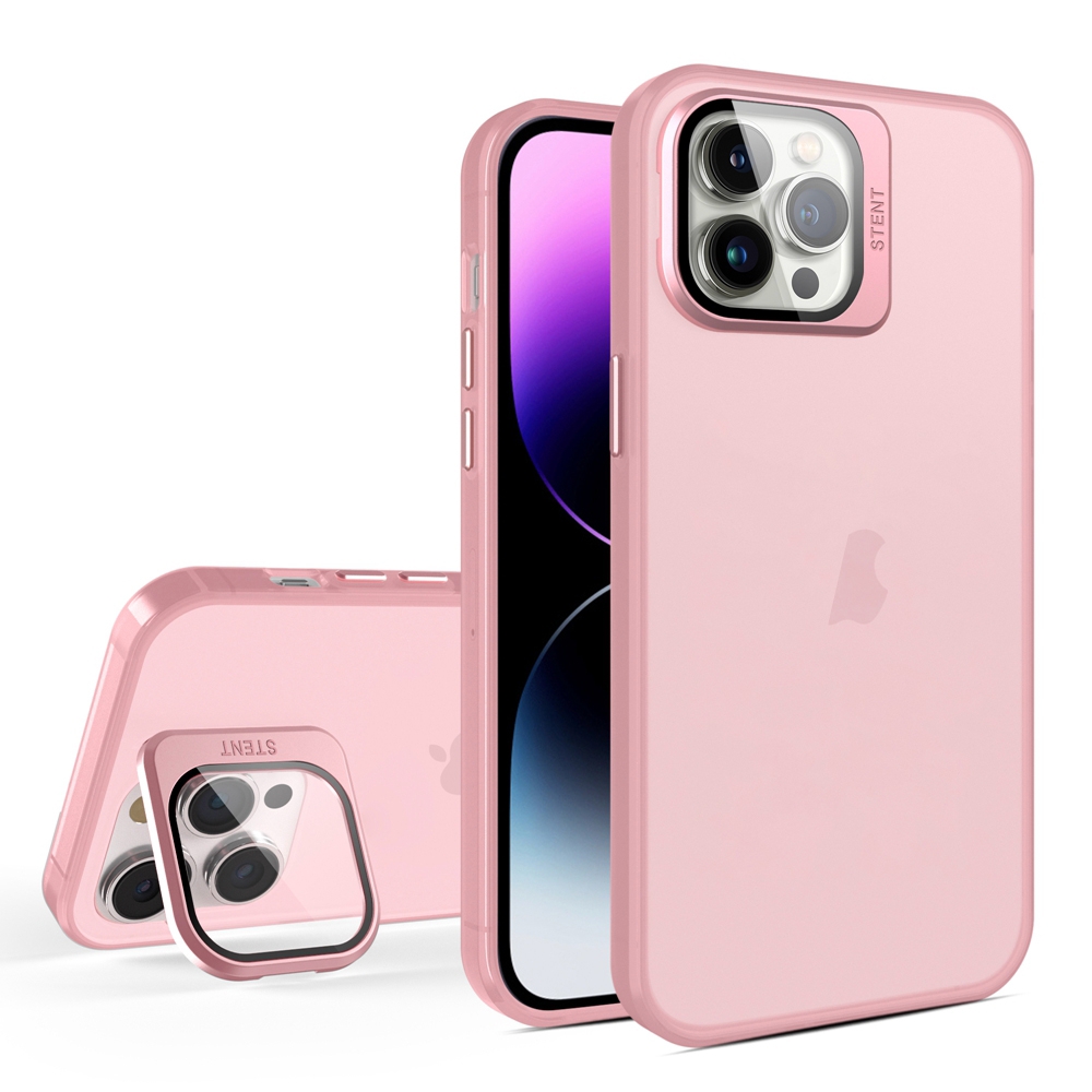 For iPhone 12 Pro Max Skin Feel Lens Holder Translucent Phone Case(Pink) - Shopkiz.com