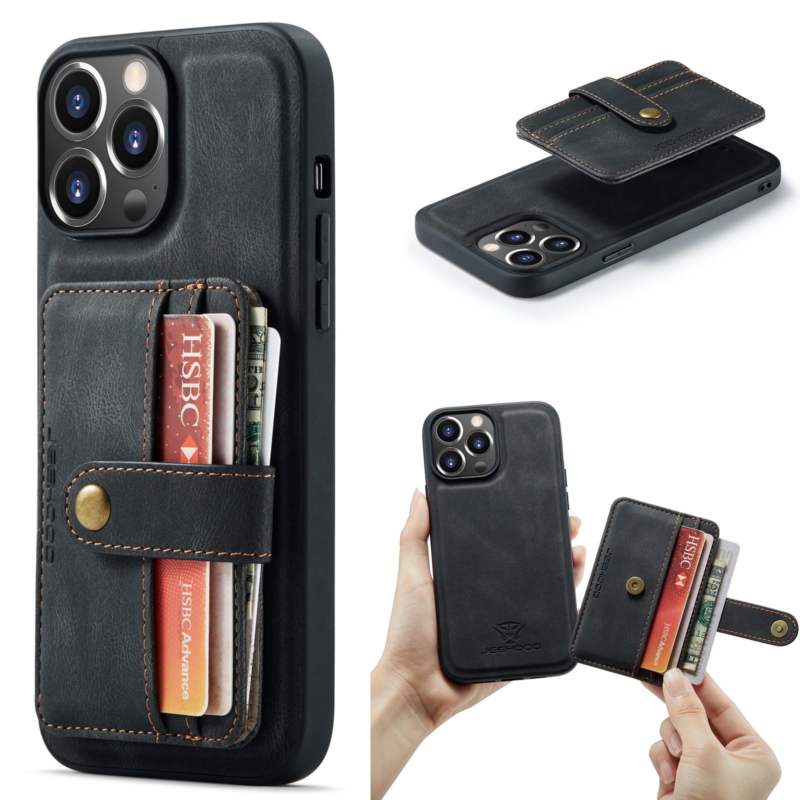 For iPhone 15 Pro JEEHOOD RFID Blocking Anti-Theft Magnetic PU Phone Case(Black) - Shopkiz.com