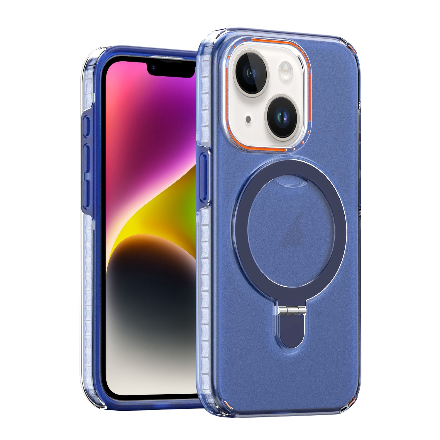 For iPhone 14 Plus Colorful 2 in 1 MagSafe Holder Phone Case(Blue) - Shopkiz.com