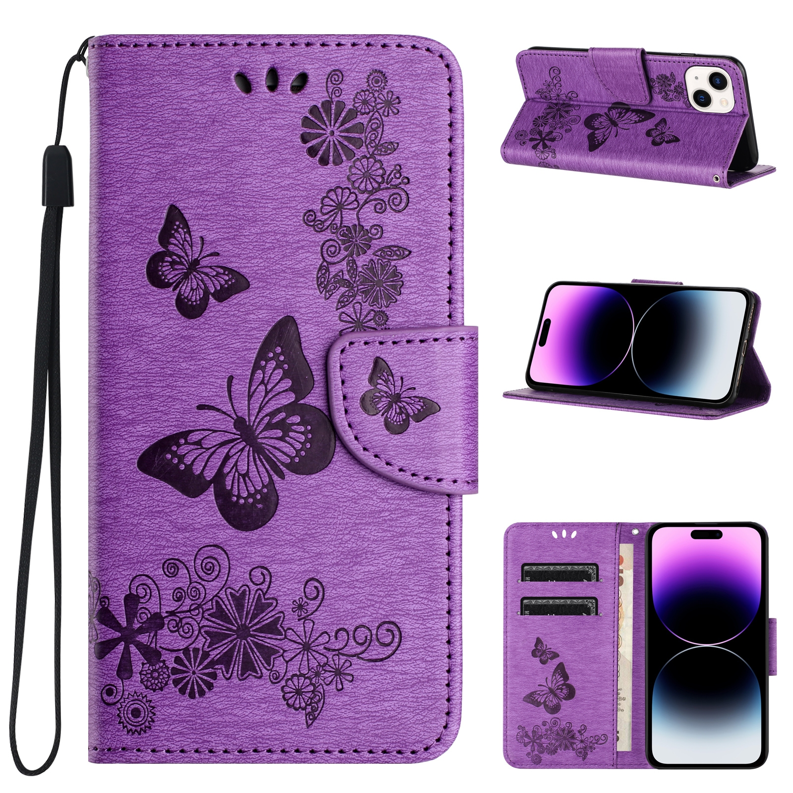 For iPhone 15 Butterfly Embossed Flip Leather Phone Case(Purple) - Shopkiz.com