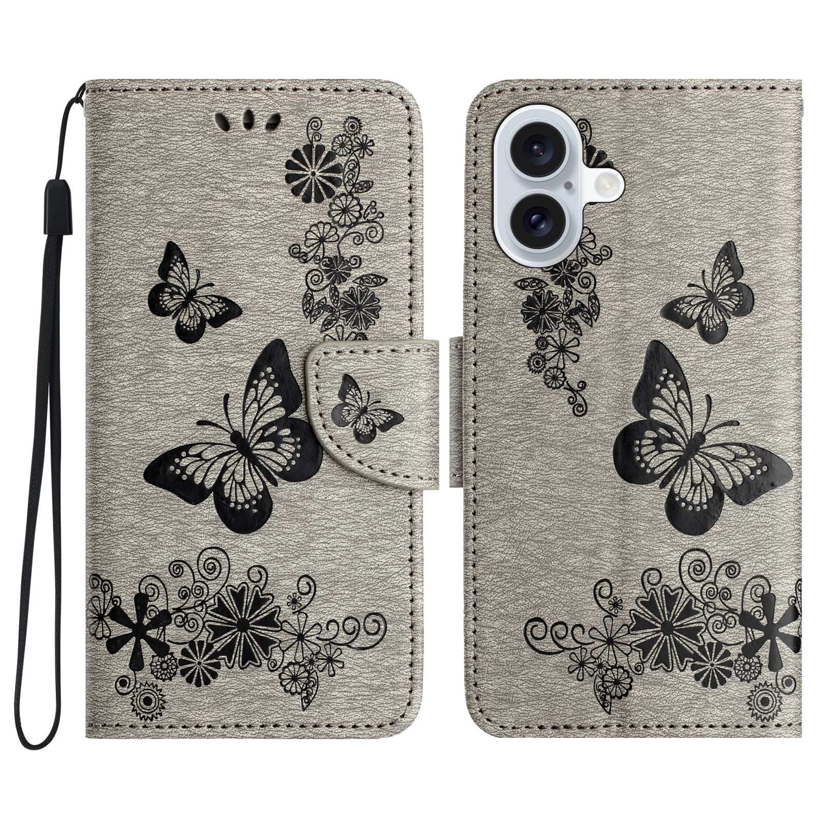 For iPhone 16 Butterfly Embossed Flip Leather Phone Case(Grey) - Shopkiz.com