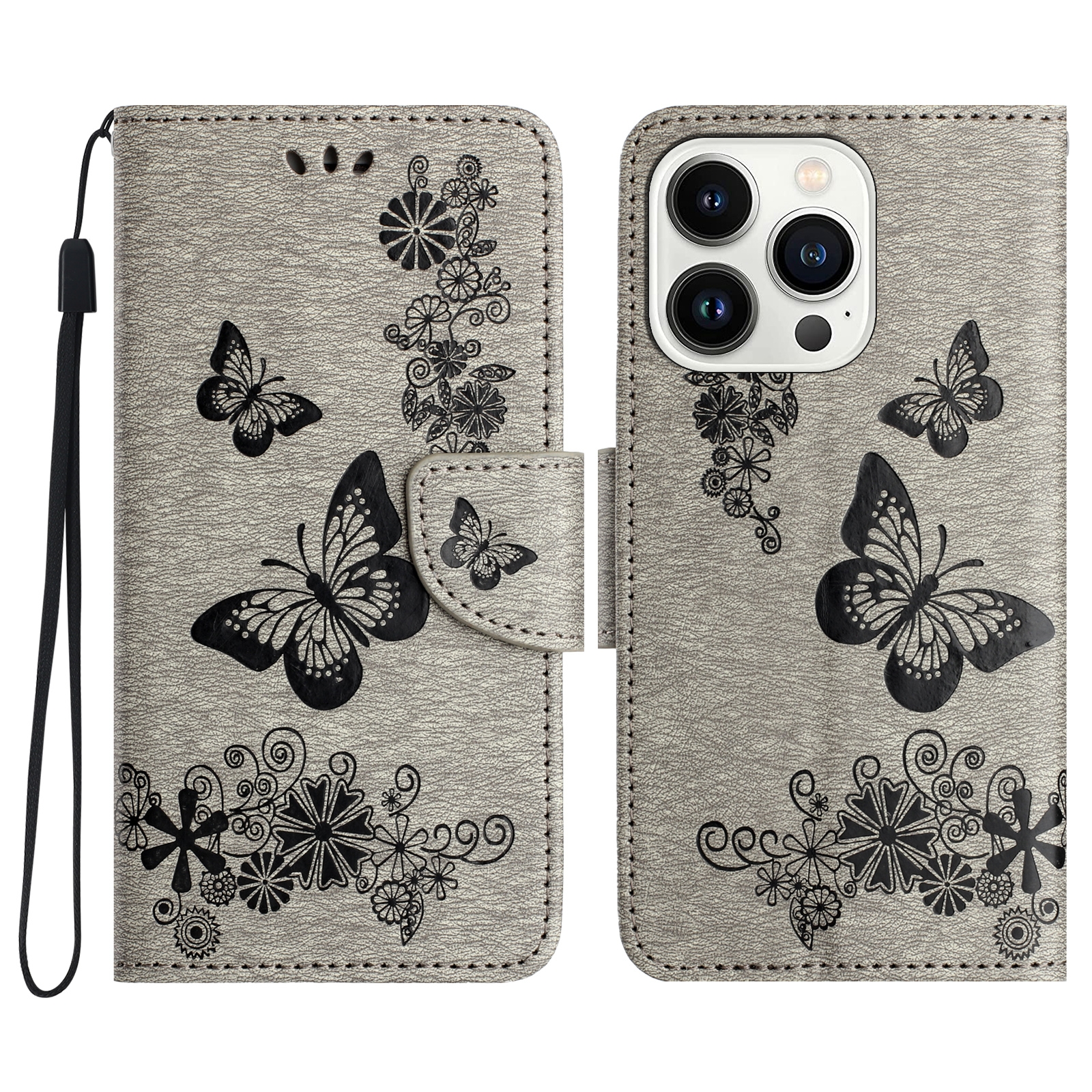 For iPhone 16 Pro Butterfly Embossed Flip Leather Phone Case(Grey) - Shopkiz.com