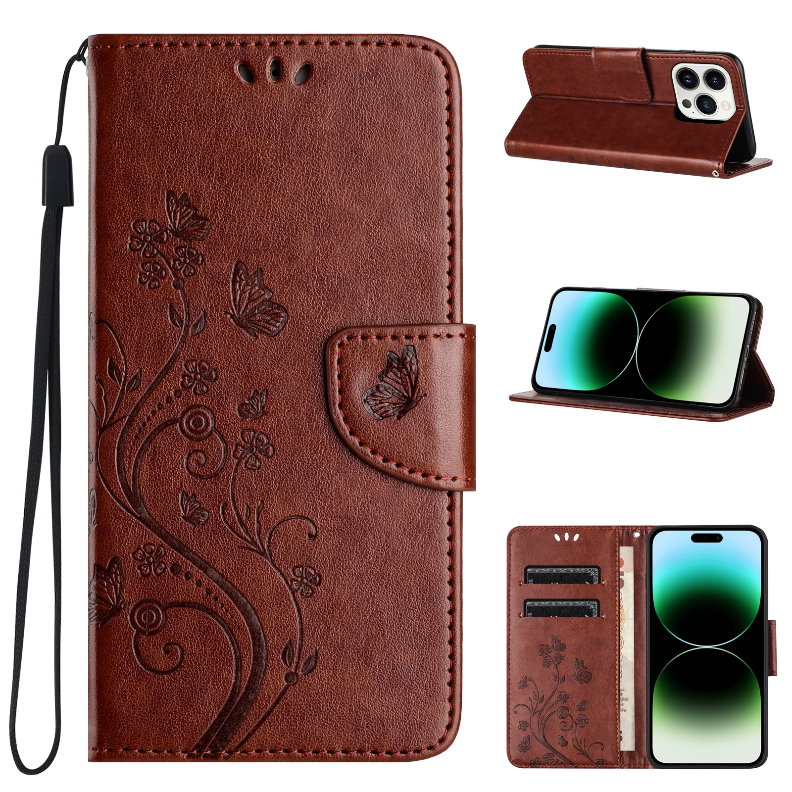 For iPhone 15 Pro Butterfly Flower Pattern Flip Leather Phone Case(Brown) - Shopkiz.com