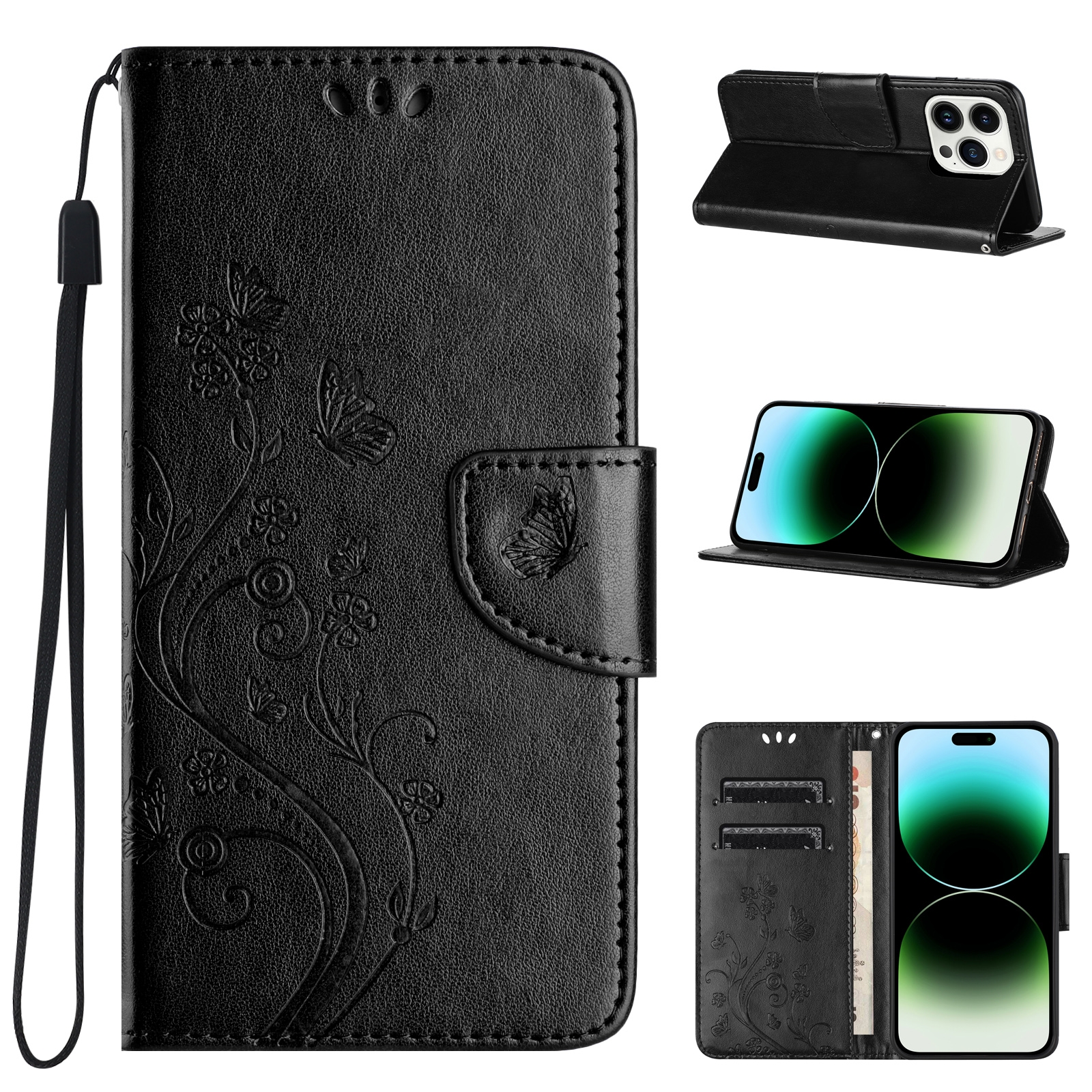 For iPhone 15 Pro Butterfly Flower Pattern Flip Leather Phone Case(Black) - Shopkiz.com