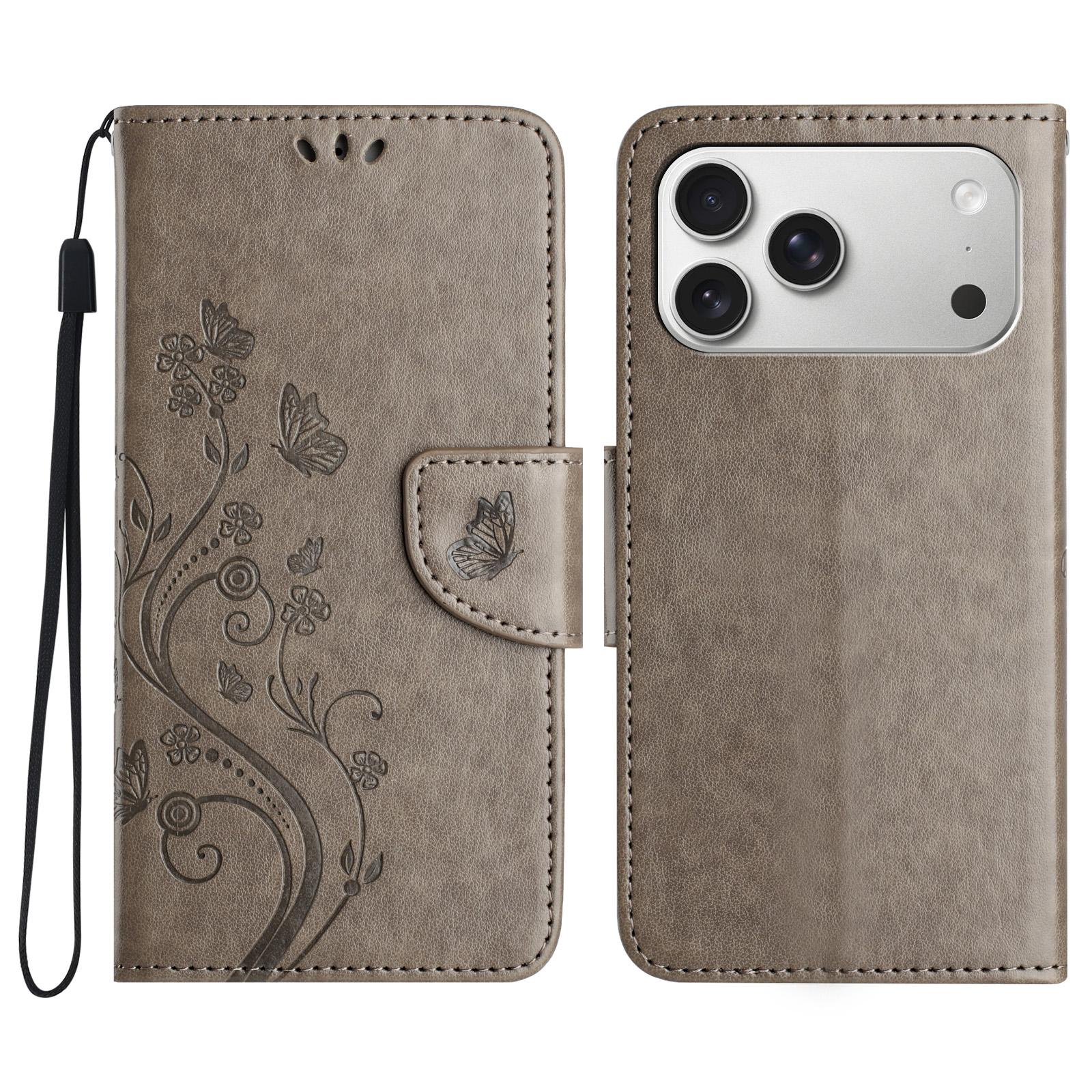 For iPhone 17 Pro Butterfly Flower Pattern Flip Leather Phone Case(Grey) - Shopkiz.com