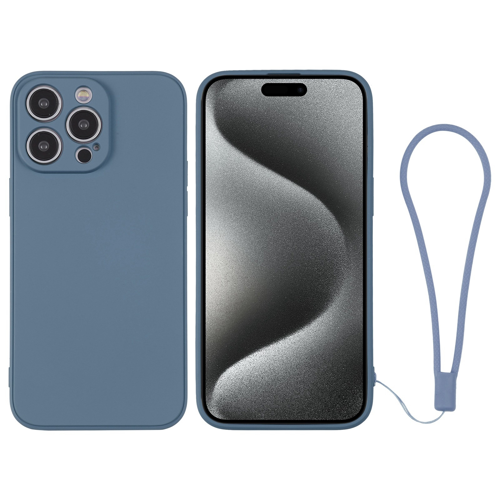 For iPhone 15 Pro Max Silicone Phone Case with Wrist Strap(Grey Blue) - Shopkiz.com