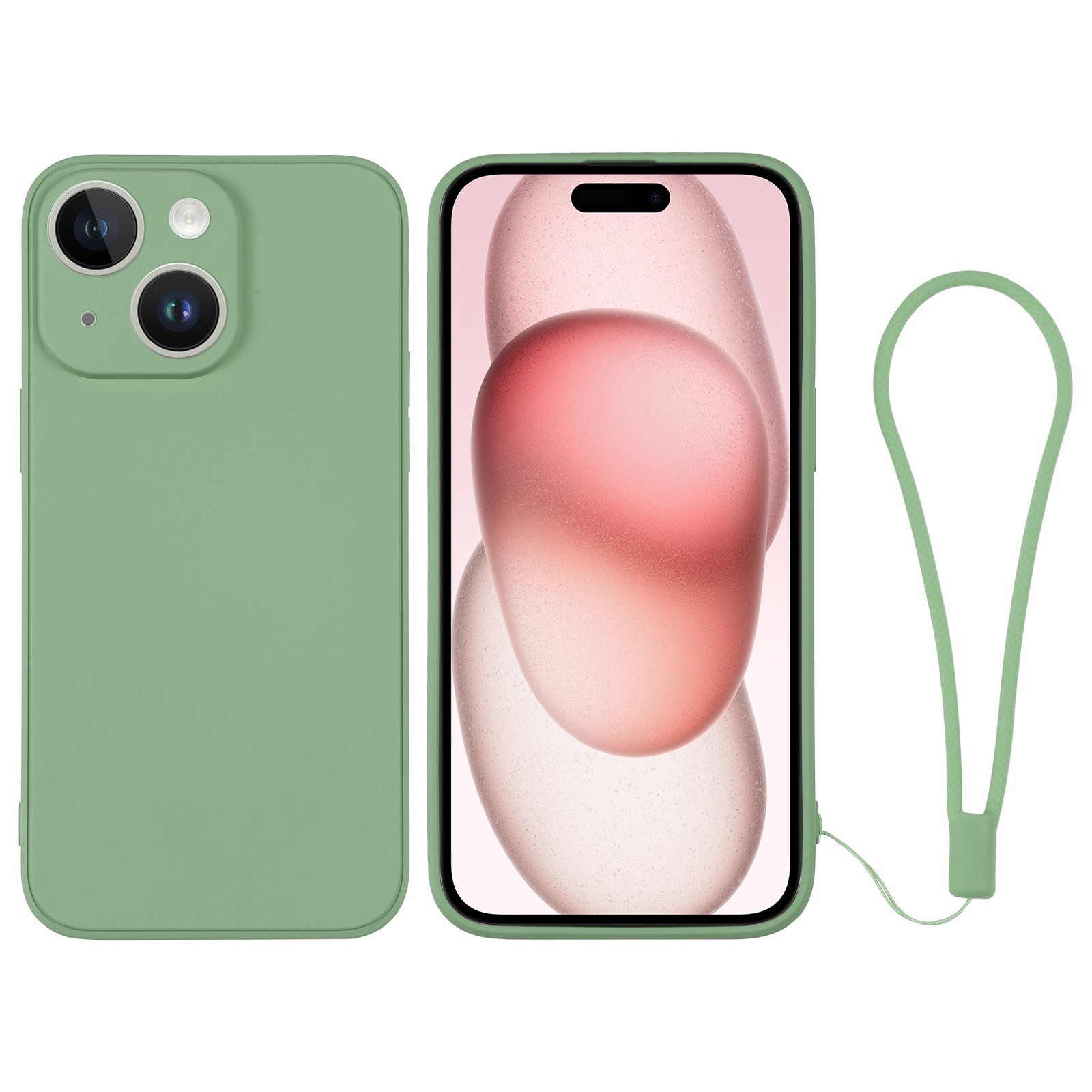 For iPhone 15 Plus Silicone Phone Case with Wrist Strap(Matcha Green) - Shopkiz.com