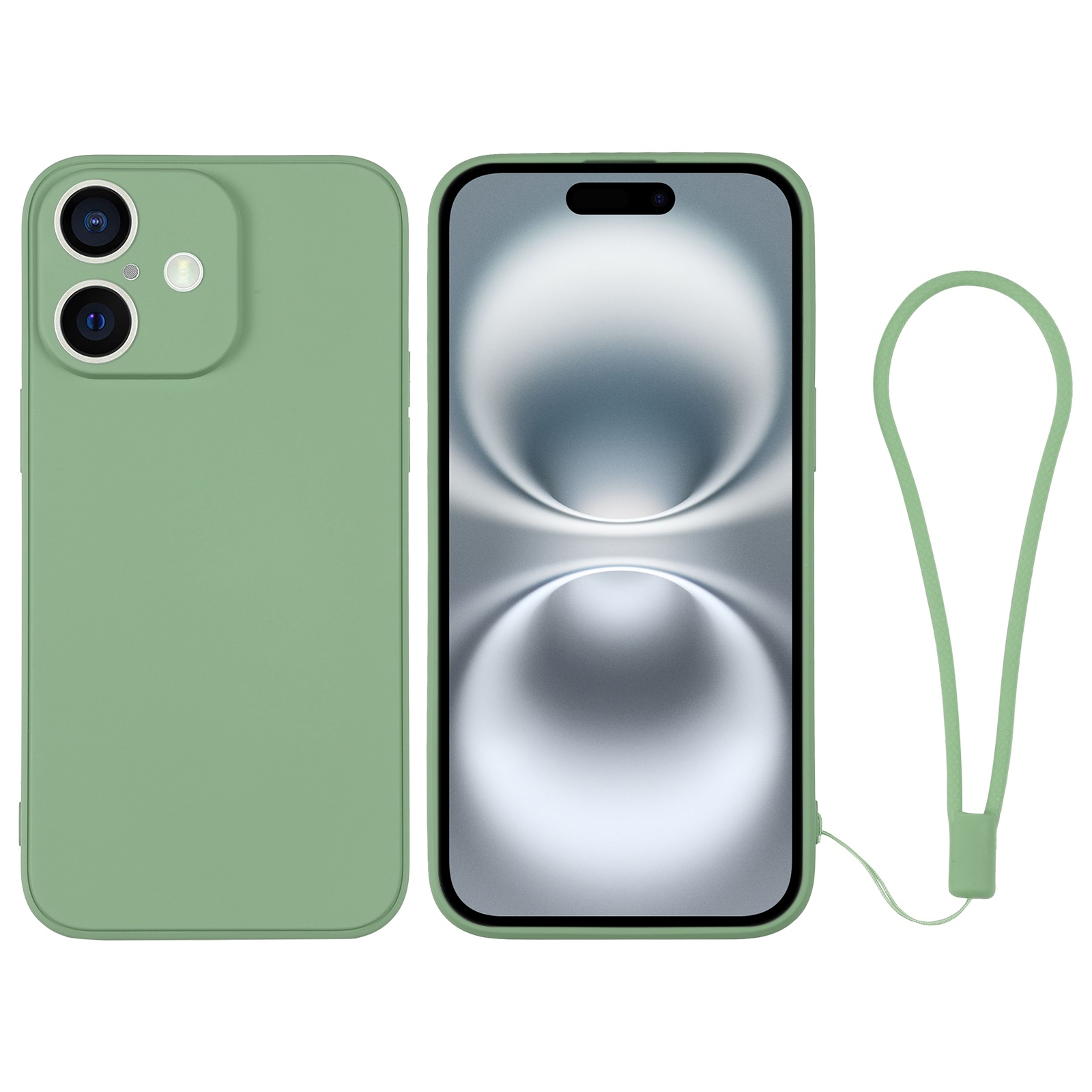 For iPhone 16 Plus Silicone Phone Case with Wrist Strap(Matcha Green) - Shopkiz.com