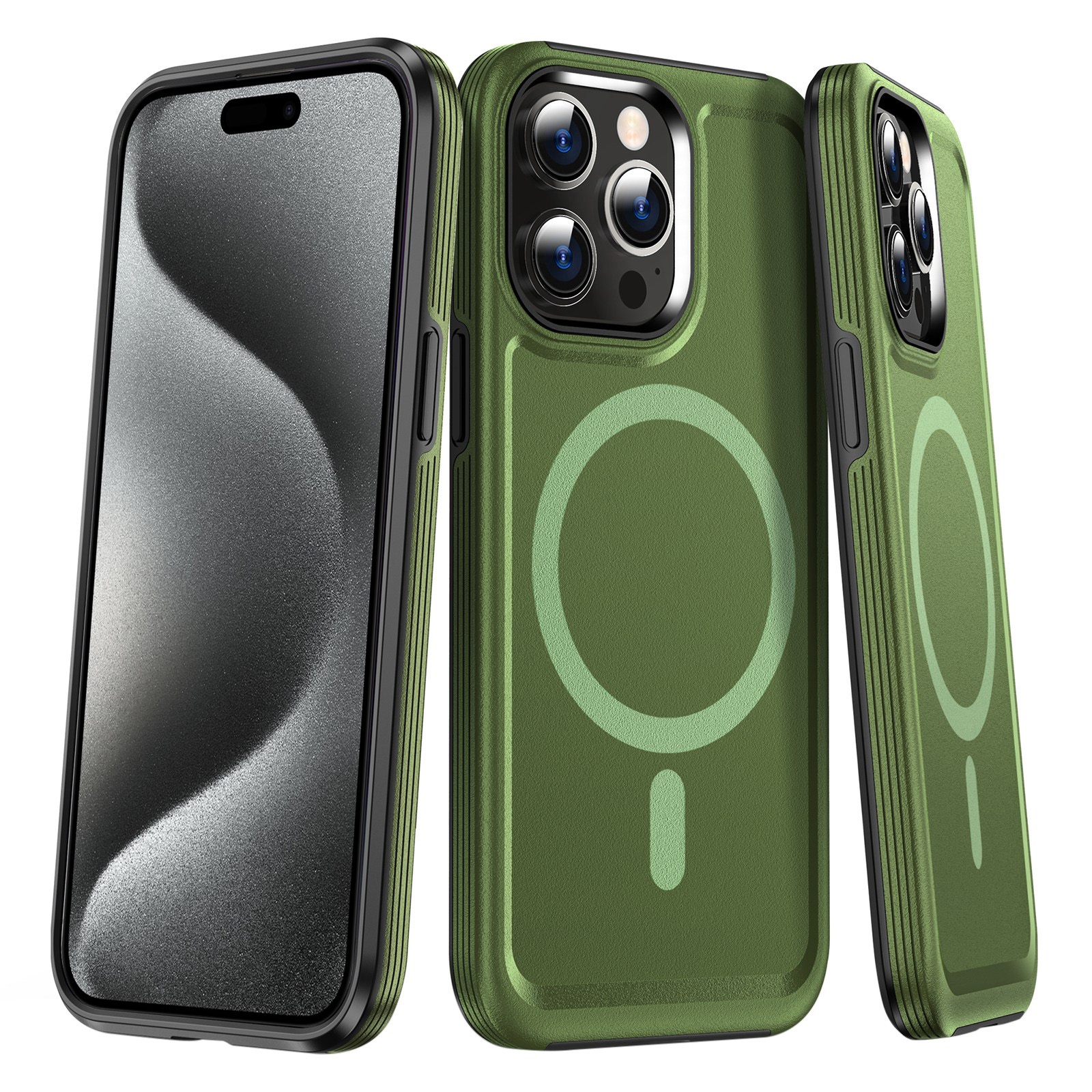 For iPhone 15 Pro Shield Armor MagSafe TPU Hybrid PC Phone Case(Grass Green) - Shopkiz.com