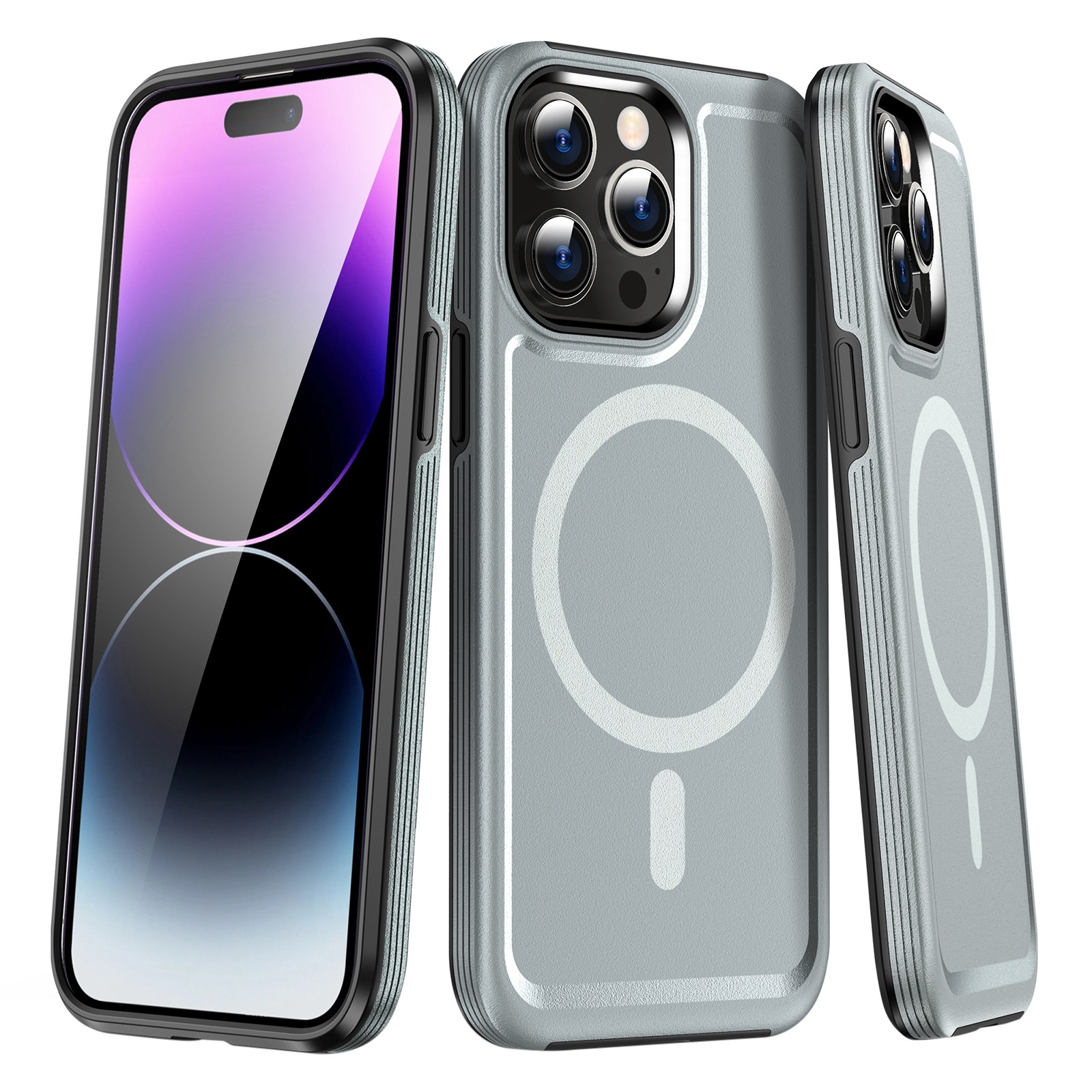 For iPhone 14 Pro Shield Armor MagSafe TPU Hybrid PC Phone Case(Silver) - Shopkiz.com