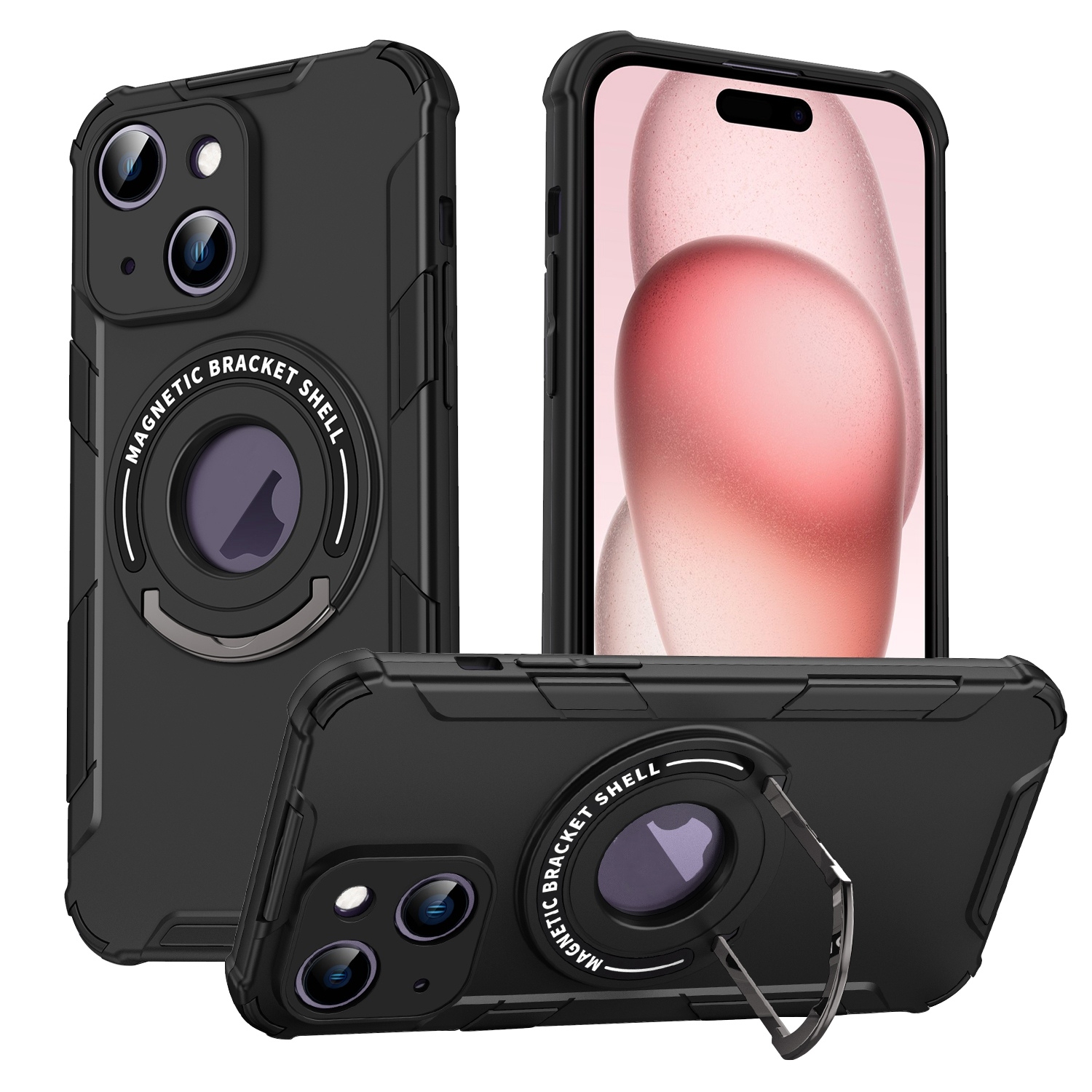 For iPhone 15 Plus MagSafe Magnetic Holder Phone Case(Black) - Shopkiz.com