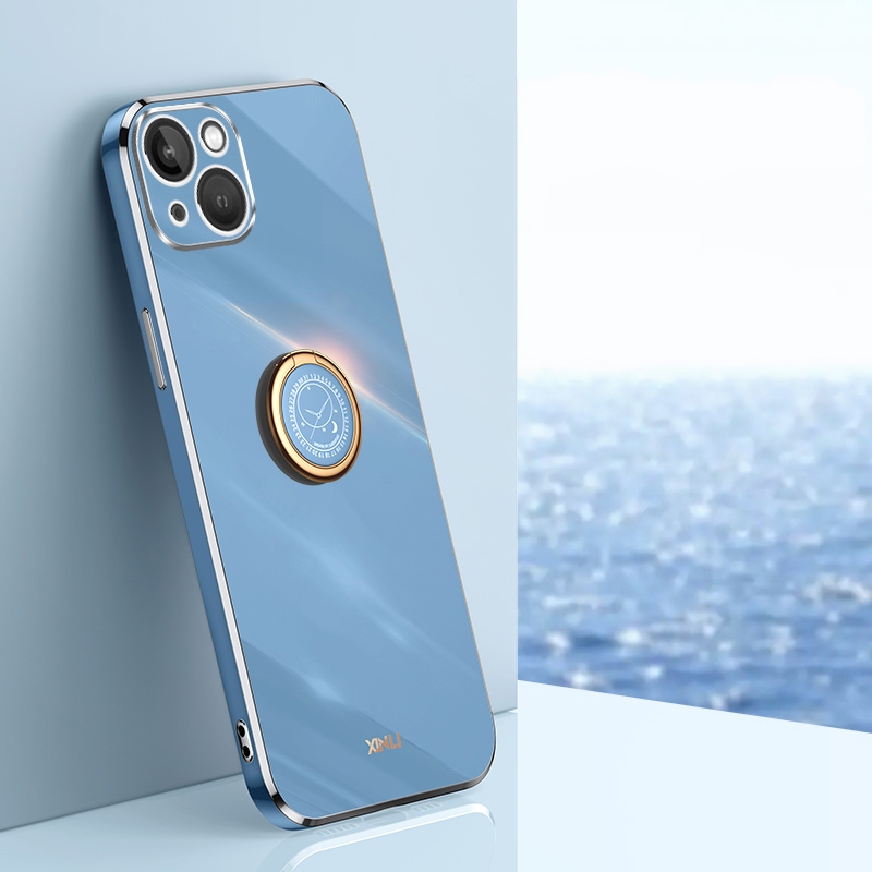 For iPhone 15 XINLI Straight Edge 6D Electroplate TPU Phone Case with Ring Holder(Celestial Blue) - Shopkiz.com