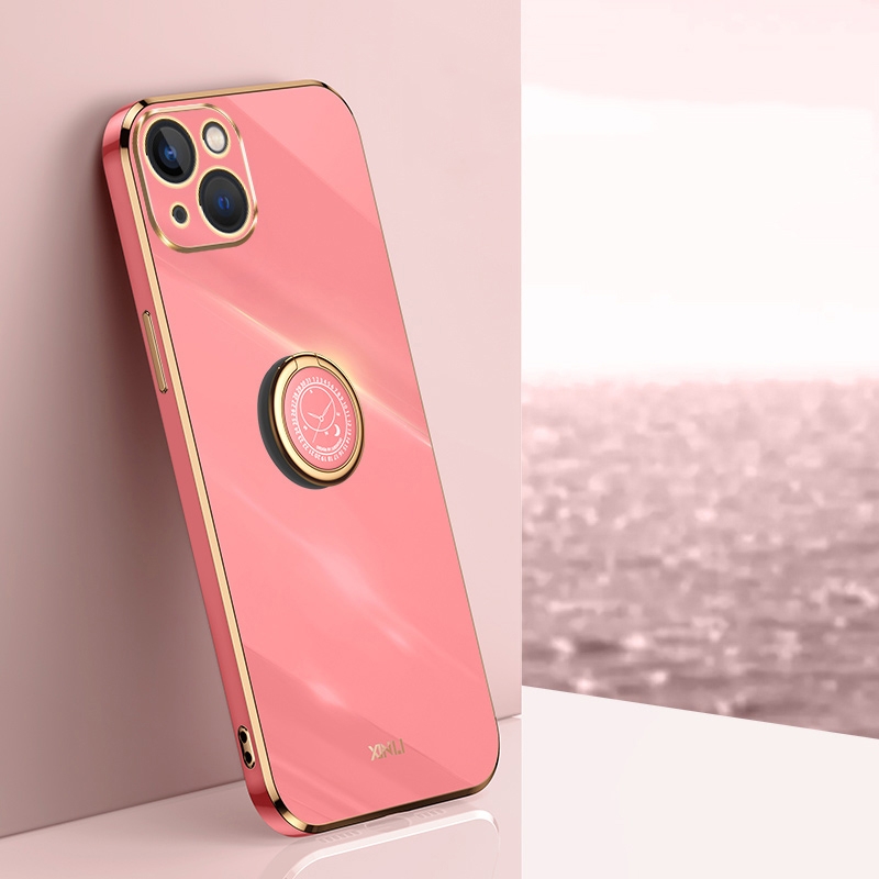 For iPhone 15 XINLI Straight Edge 6D Electroplate TPU Phone Case with Ring Holder(Hawthorn Red) - Shopkiz.com