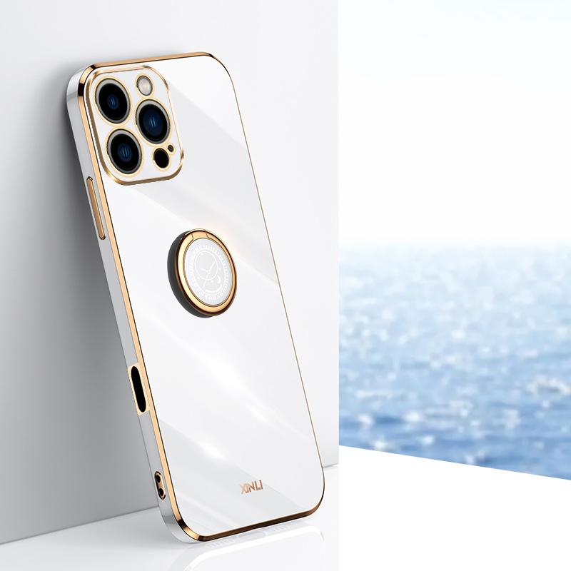 For iPhone 16 Pro XINLI Straight Edge 6D Electroplate TPU Phone Case with Ring Holder(White) - Shopkiz.com