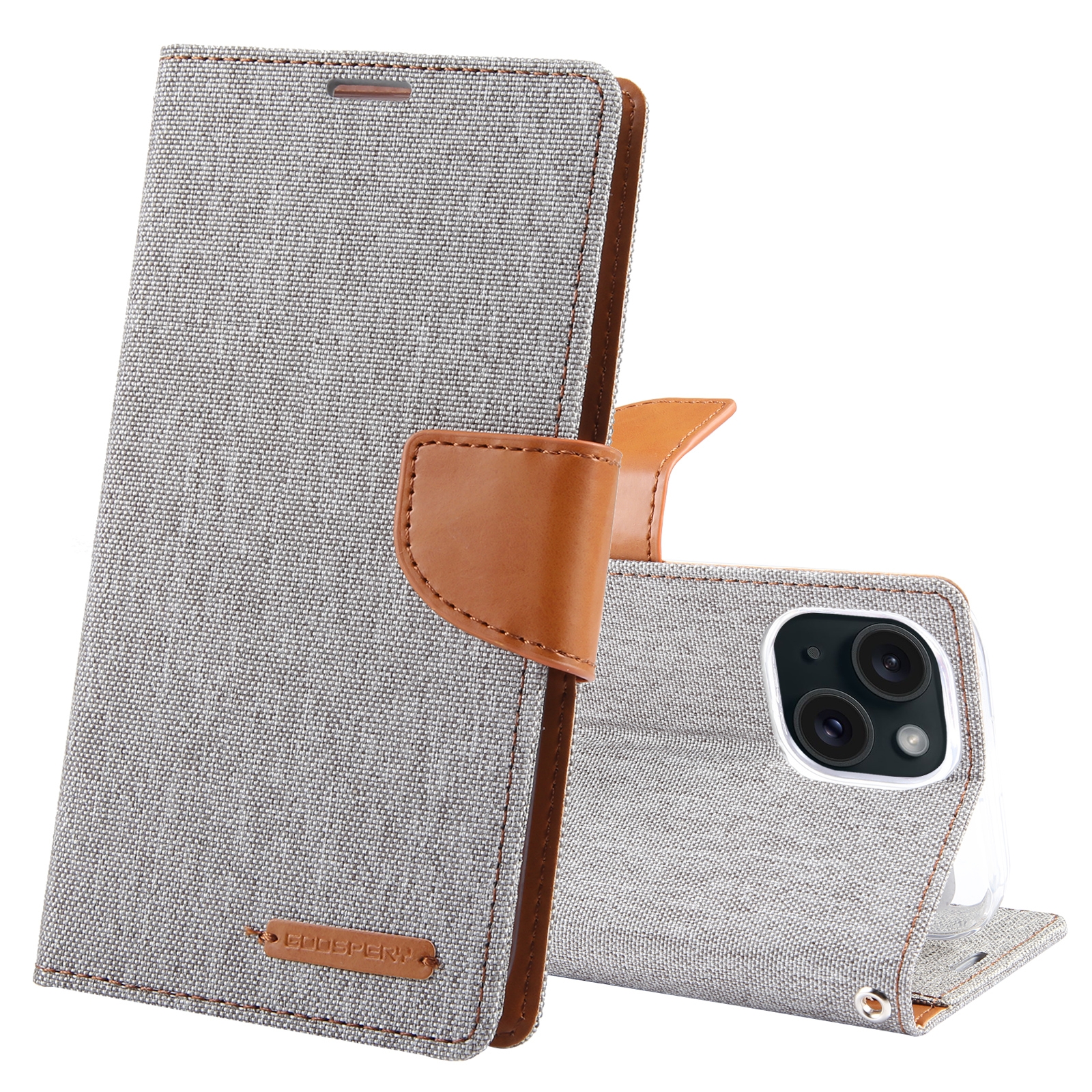 For iPhone 15 Plus GOOSPERY CANVAS DIARY Fabric Texture Flip Leather Phone Case(Grey) - Shopkiz.com