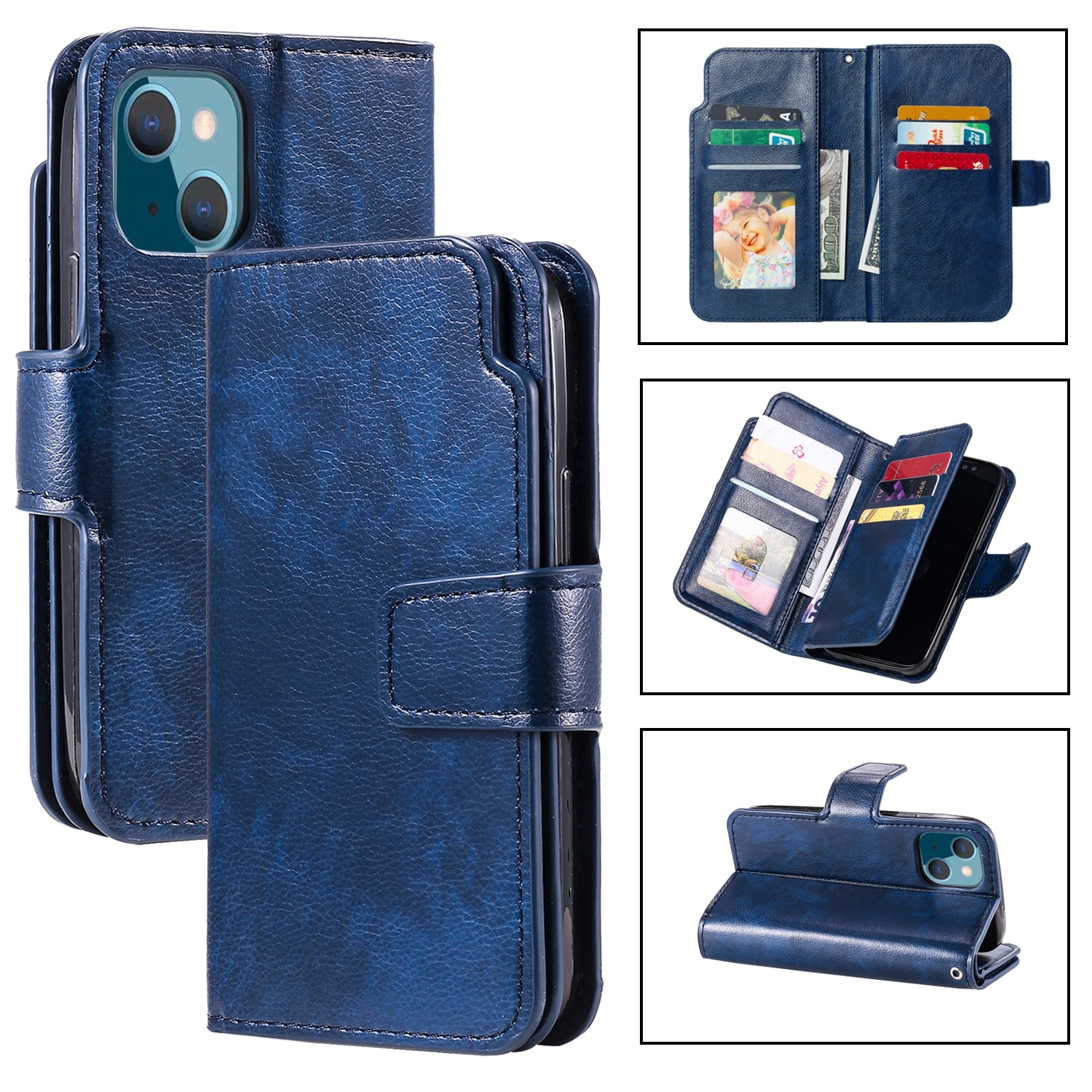 For iPhone 15 Tri-Fold 9-Card Wallets Leather Phone Case(Blue) - Shopkiz.com