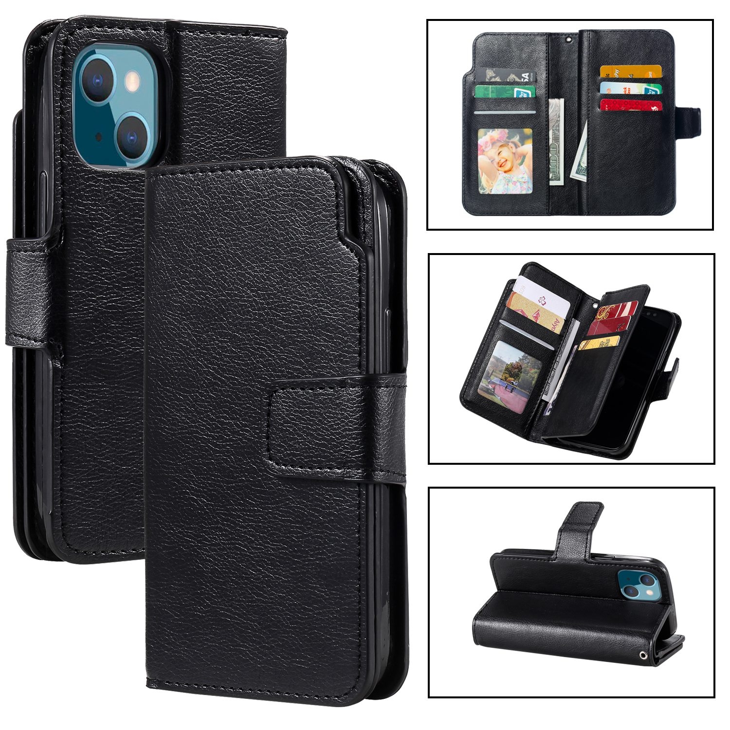 For iPhone 15 Plus Tri-Fold 9-Card Wallets Leather Phone Case(Black) - Shopkiz.com