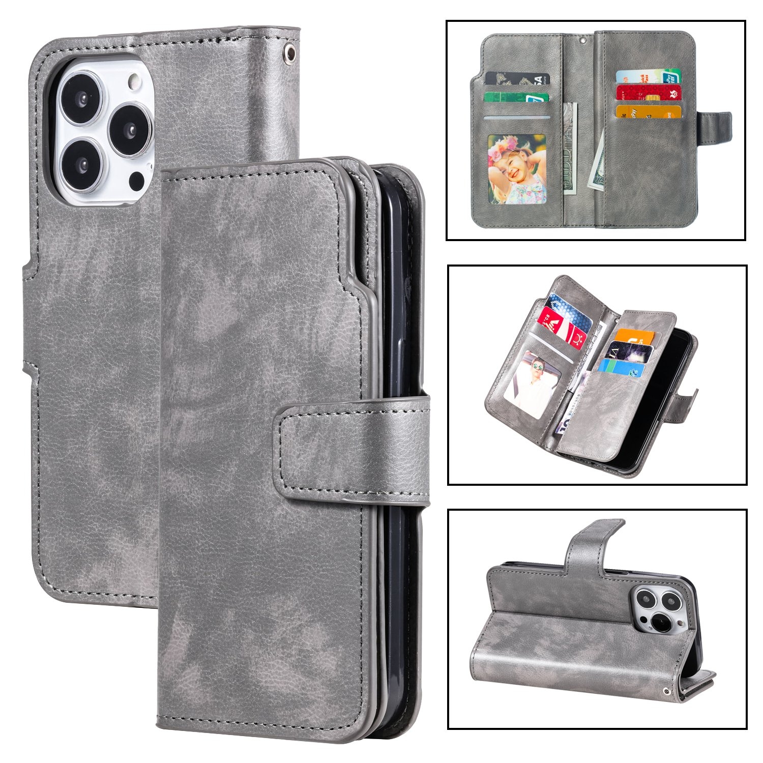 For iPhone 15 Pro Max Tri-Fold 9-Card Wallets Leather Phone Case(Grey) - Shopkiz.com
