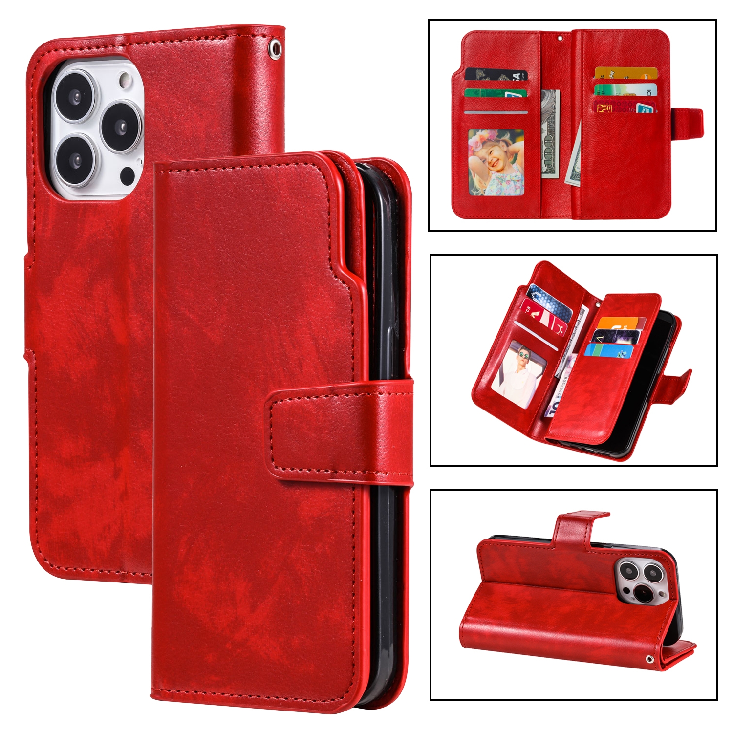 For iPhone 16 Pro Tri-Fold 9-Card Wallets Leather Phone Case(Red) - Shopkiz.com