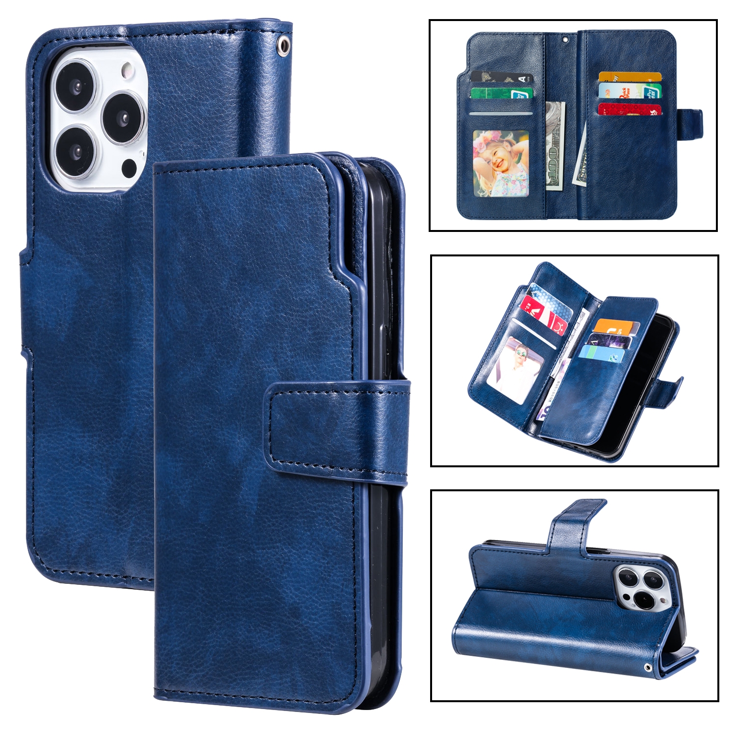 For iPhone 16 Pro Tri-Fold 9-Card Wallets Leather Phone Case(Blue) - Shopkiz.com