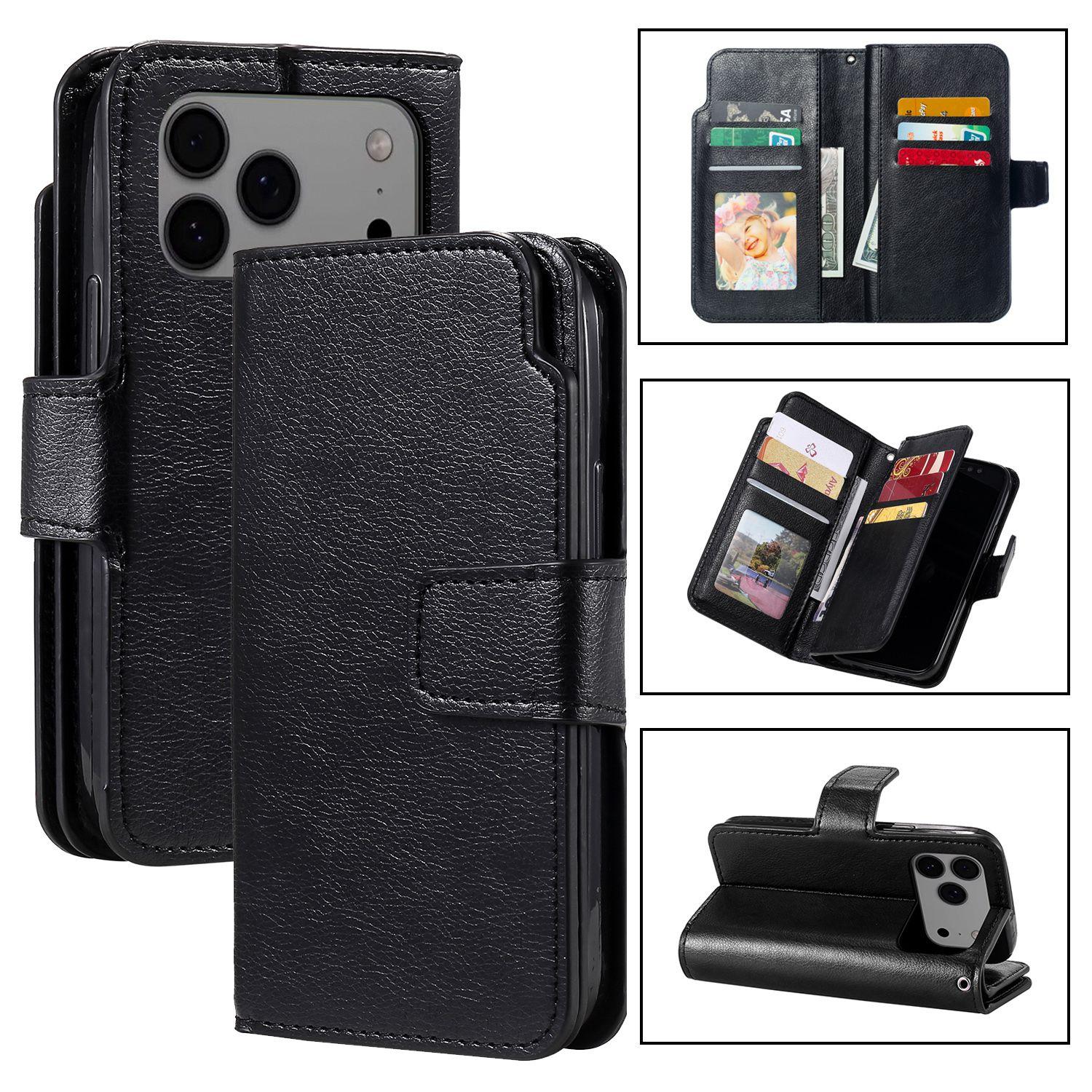 For iPhone 17 Pro Max Tri-Fold 9-Card Wallets Leather Phone Case(Black) - Shopkiz.com