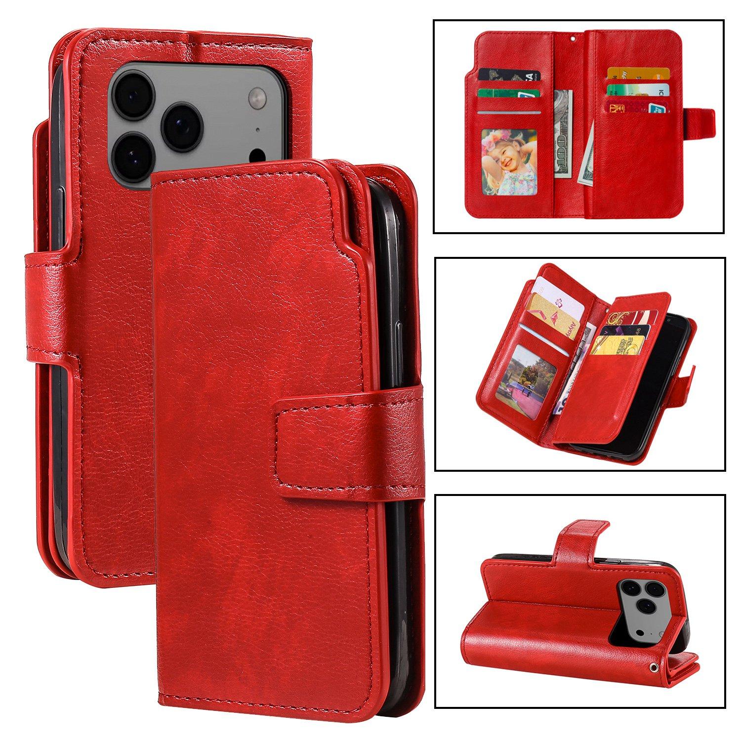 For iPhone 17 Pro Tri-Fold 9-Card Wallets Leather Phone Case(Red) - Shopkiz.com