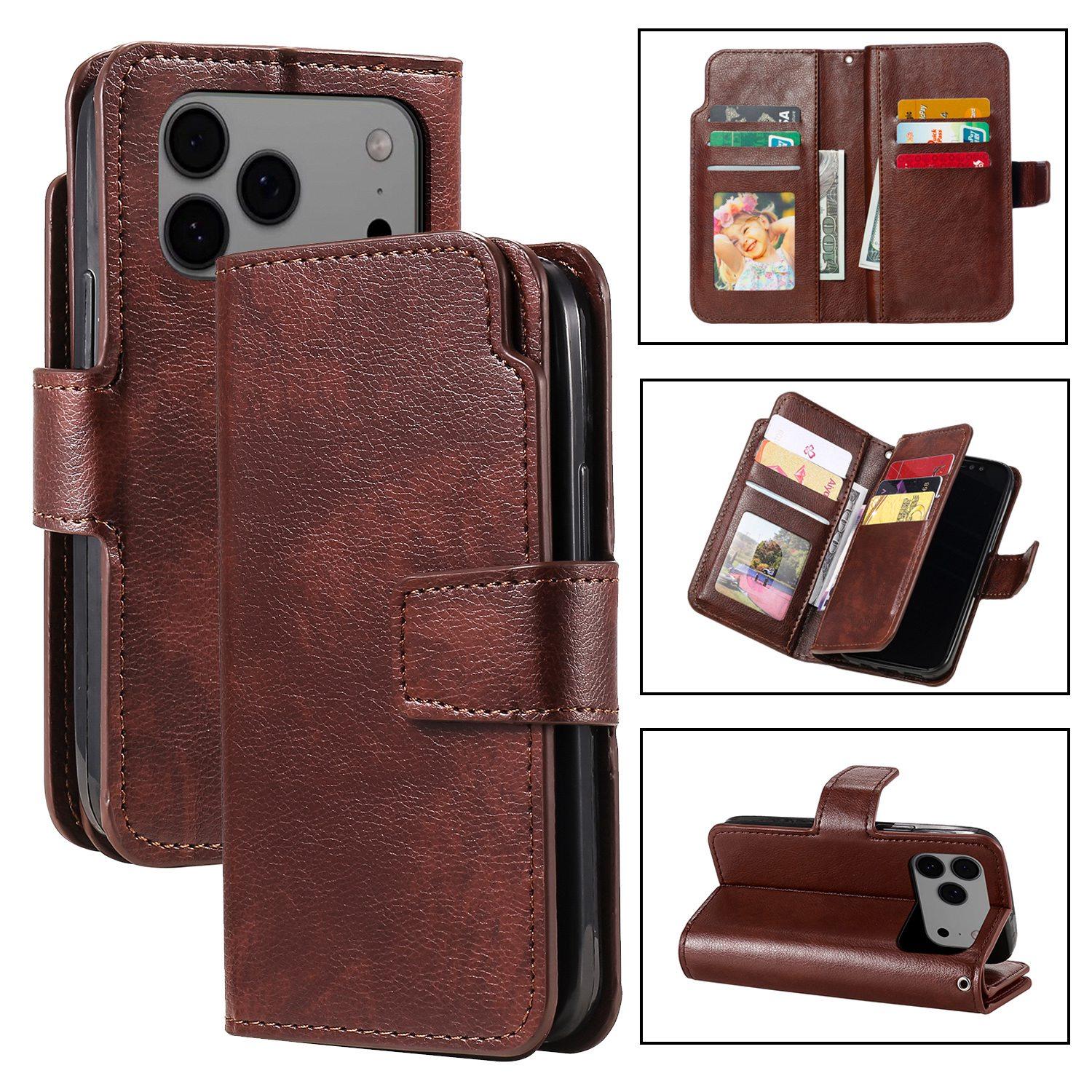 For iPhone 17 Pro Tri-Fold 9-Card Wallets Leather Phone Case(Brown) - Shopkiz.com