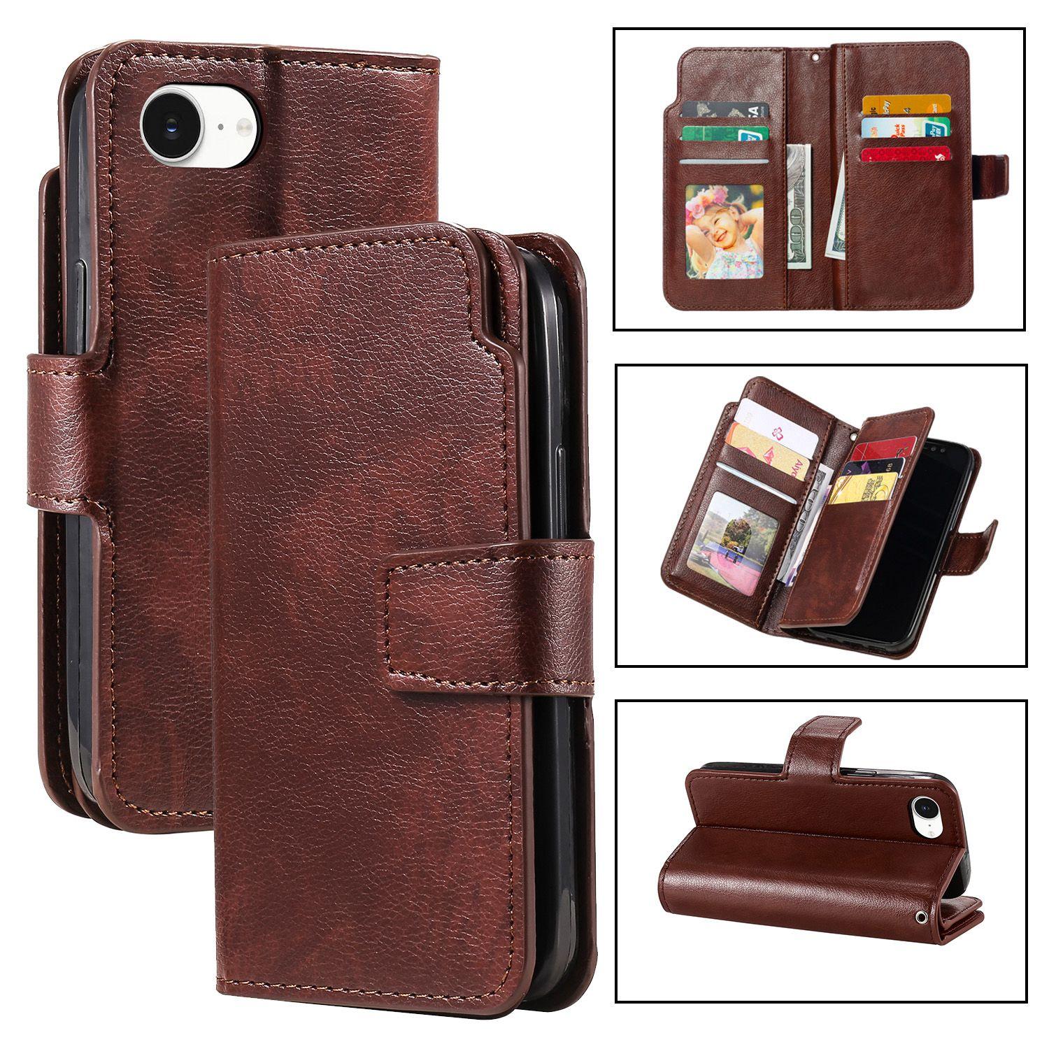 For iPhone 17e / 16e Tri-Fold 9-Card Wallets Leather Phone Case(Brown) - Shopkiz.com
