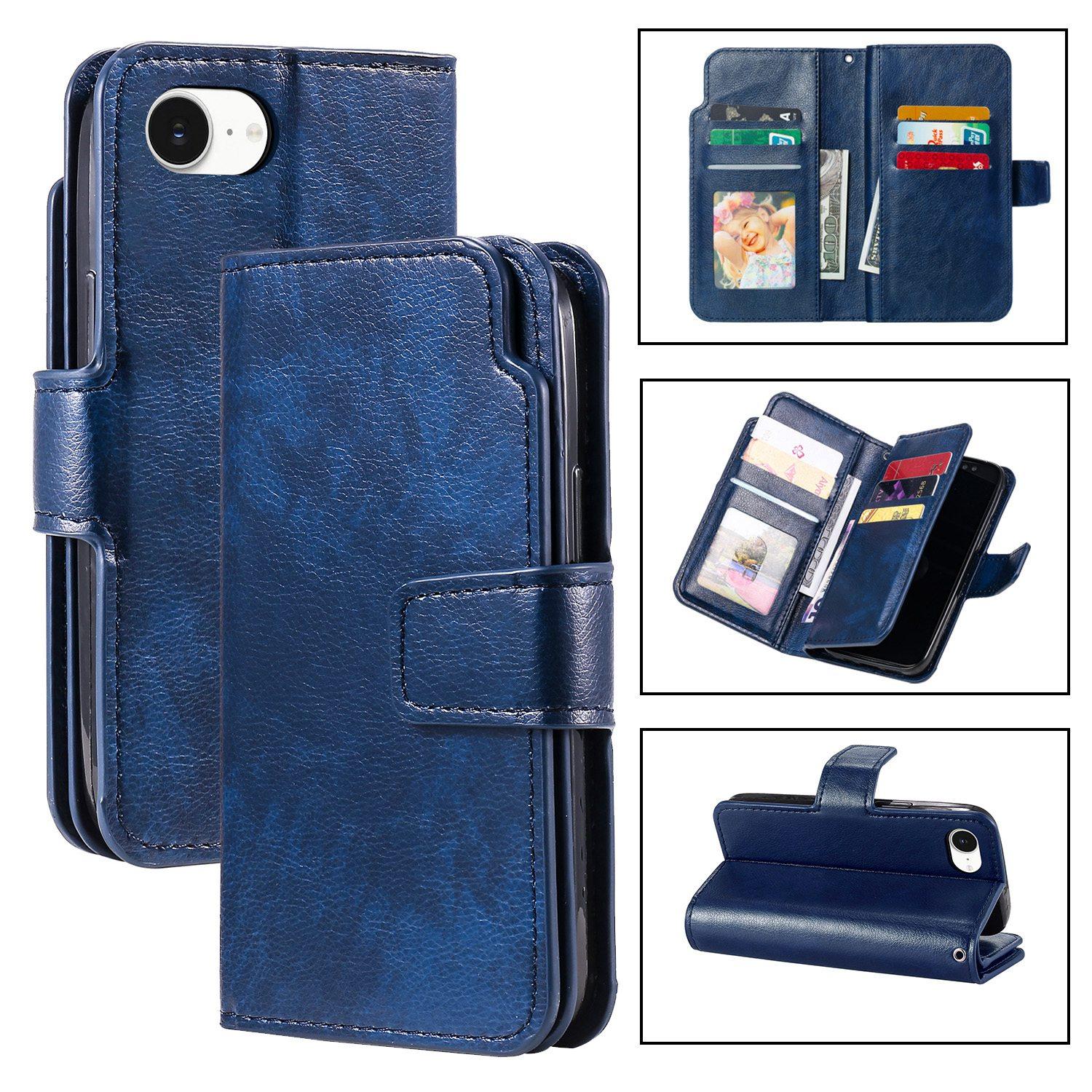 For iPhone 17e / 16e Tri-Fold 9-Card Wallets Leather Phone Case(Blue) - Shopkiz.com