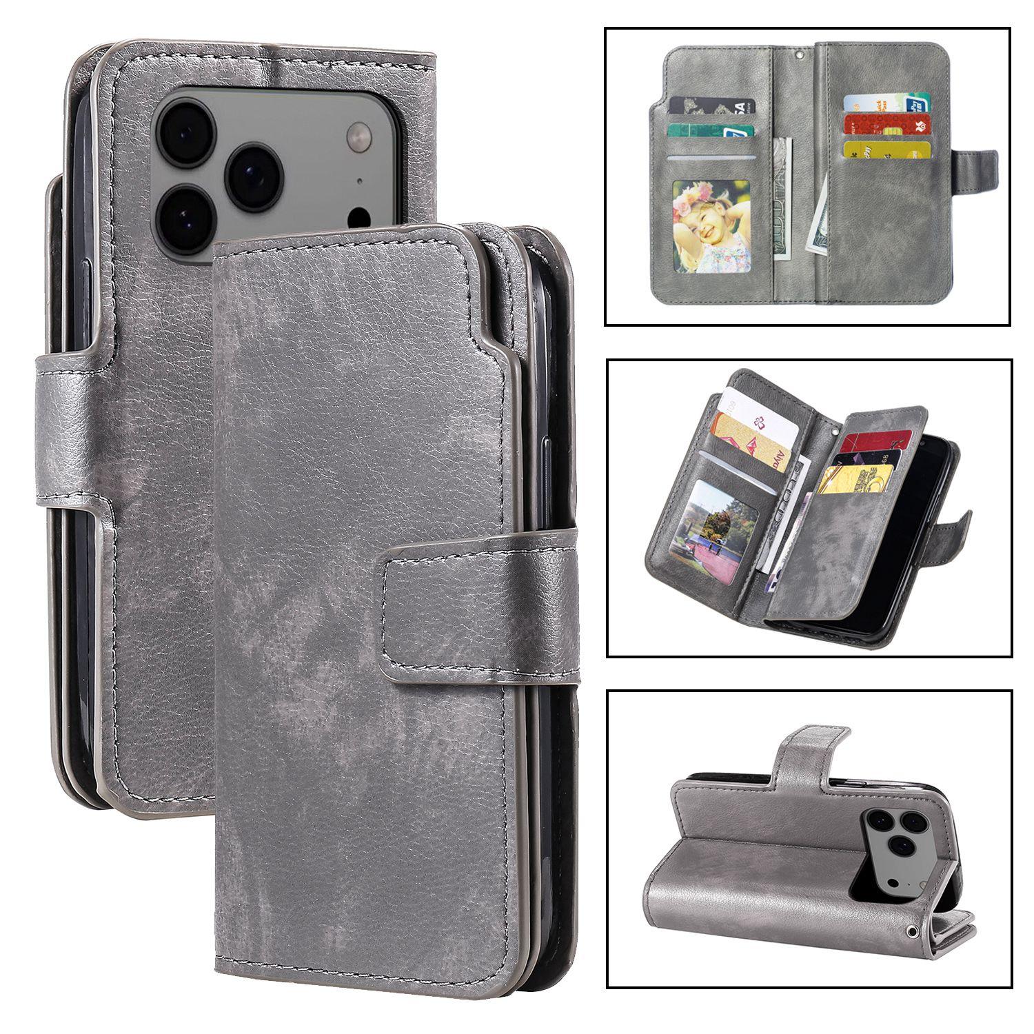 For iPhone 18 Pro Max Tri-Fold 9-Card Wallets Leather Phone Case(Grey) - Shopkiz.com