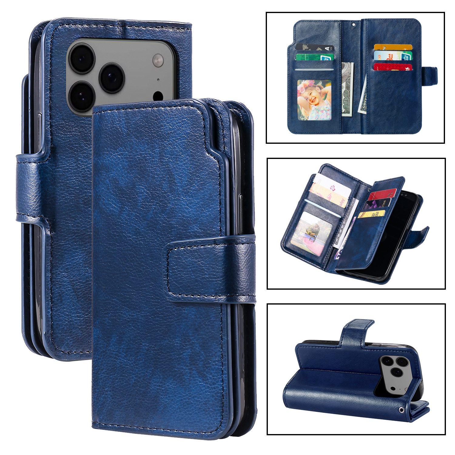 For iPhone 18 Pro Tri-Fold 9-Card Wallets Leather Phone Case(Blue) - Shopkiz.com