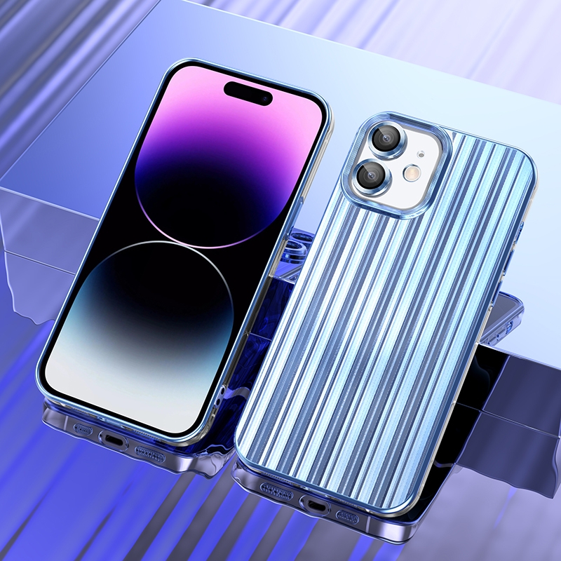 For iPhone 12 Electroplated Streamer Brushed TPU Phone Case with Lens Film(Blue) - Shopkiz.com