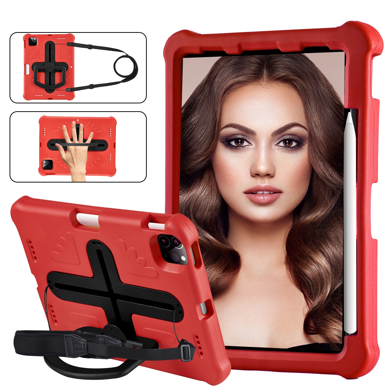 For iPad Air 11 2024 / 2025 / 2026 Shield 360 Rotation Handle EVA Shockproof PC Tablet Case(Red Black) - Shopkiz.com