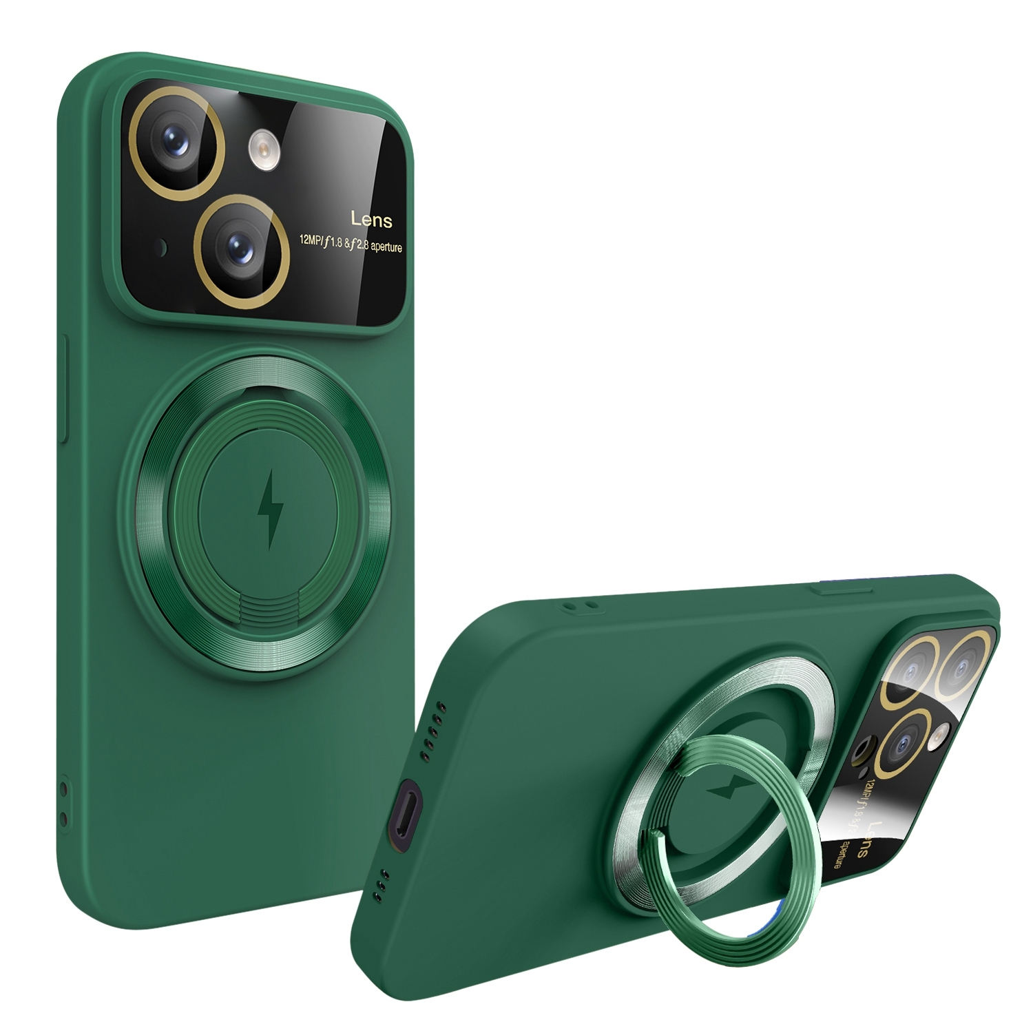 For iPhone 14 Plus Large Window MagSafe Magnetic Holder Phone Case(Dark Green) - Shopkiz.com