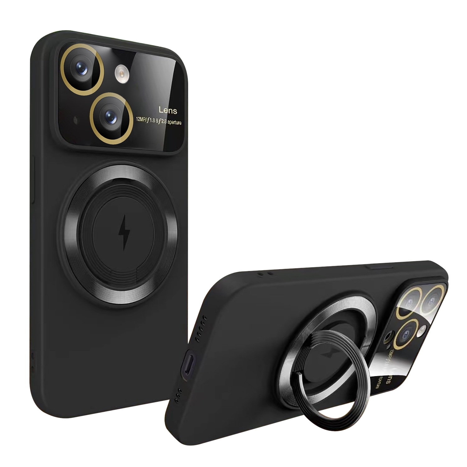 For iPhone 14 Large Window MagSafe Magnetic Holder Phone Case(Black) - Shopkiz.com