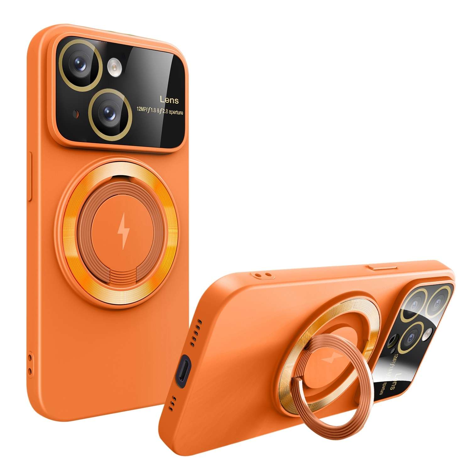 For iPhone 14 Large Window MagSafe Magnetic Holder Phone Case(Orange) - Shopkiz.com