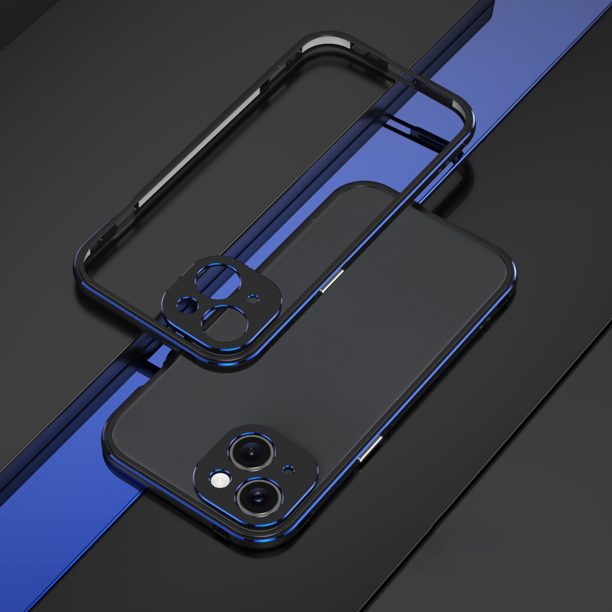 For iPhone 15 Plus Aurora Series Lens Protector + Metal Frame Phone Case(Black Blue) - Shopkiz.com